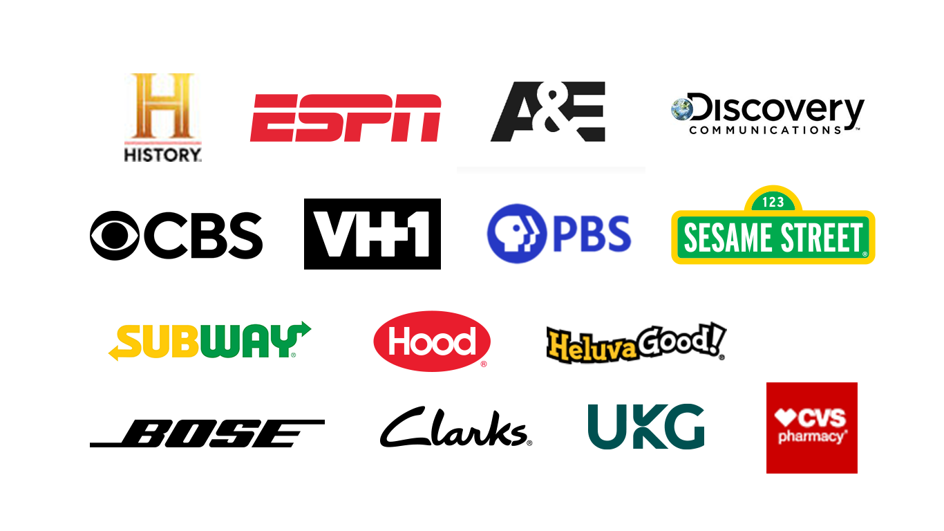 broadcast client logos including History, A&E, ESPN, Discovery