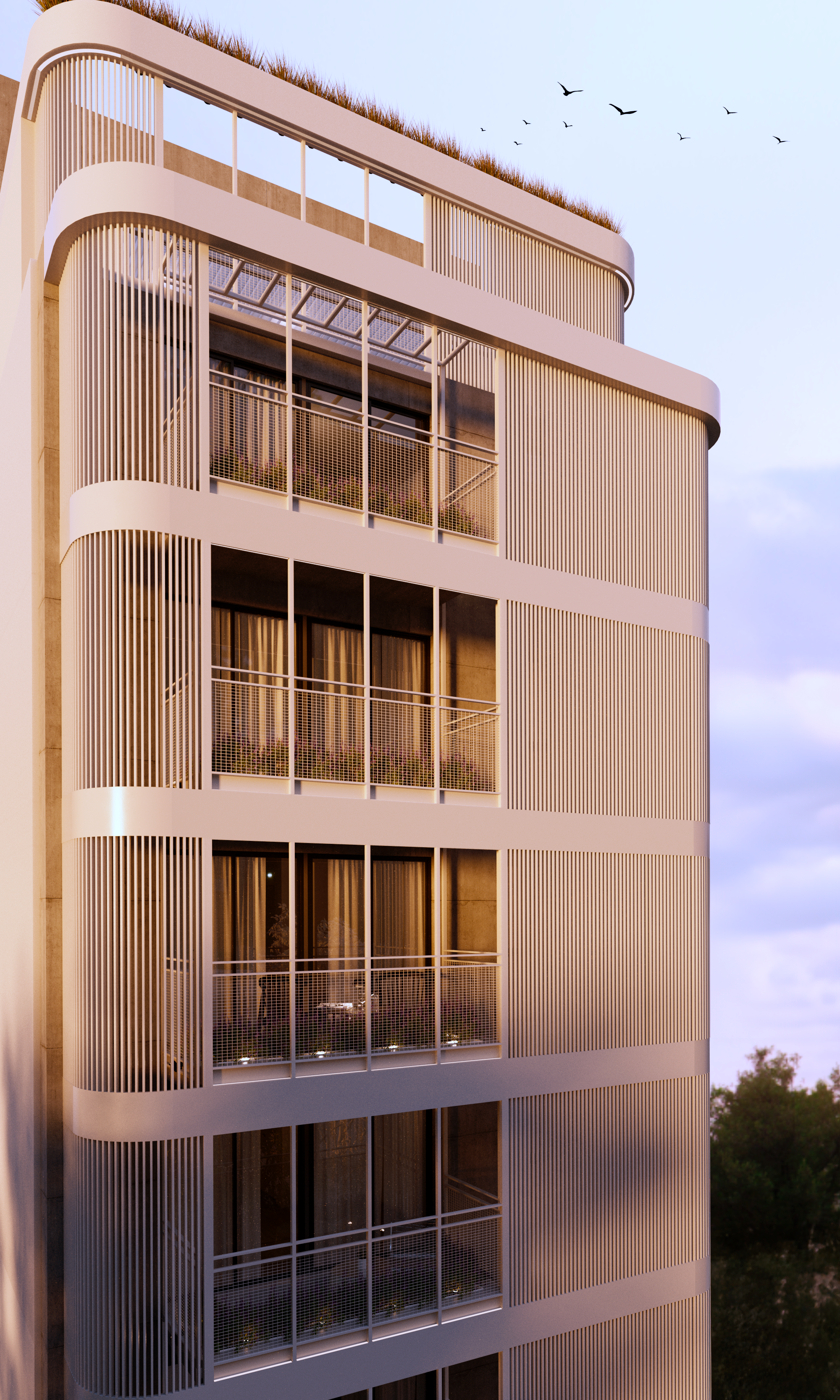 Modern multi-story apartment building with curved balconies and vertical slats, overlooking a green area with trees and birds flying overhead.