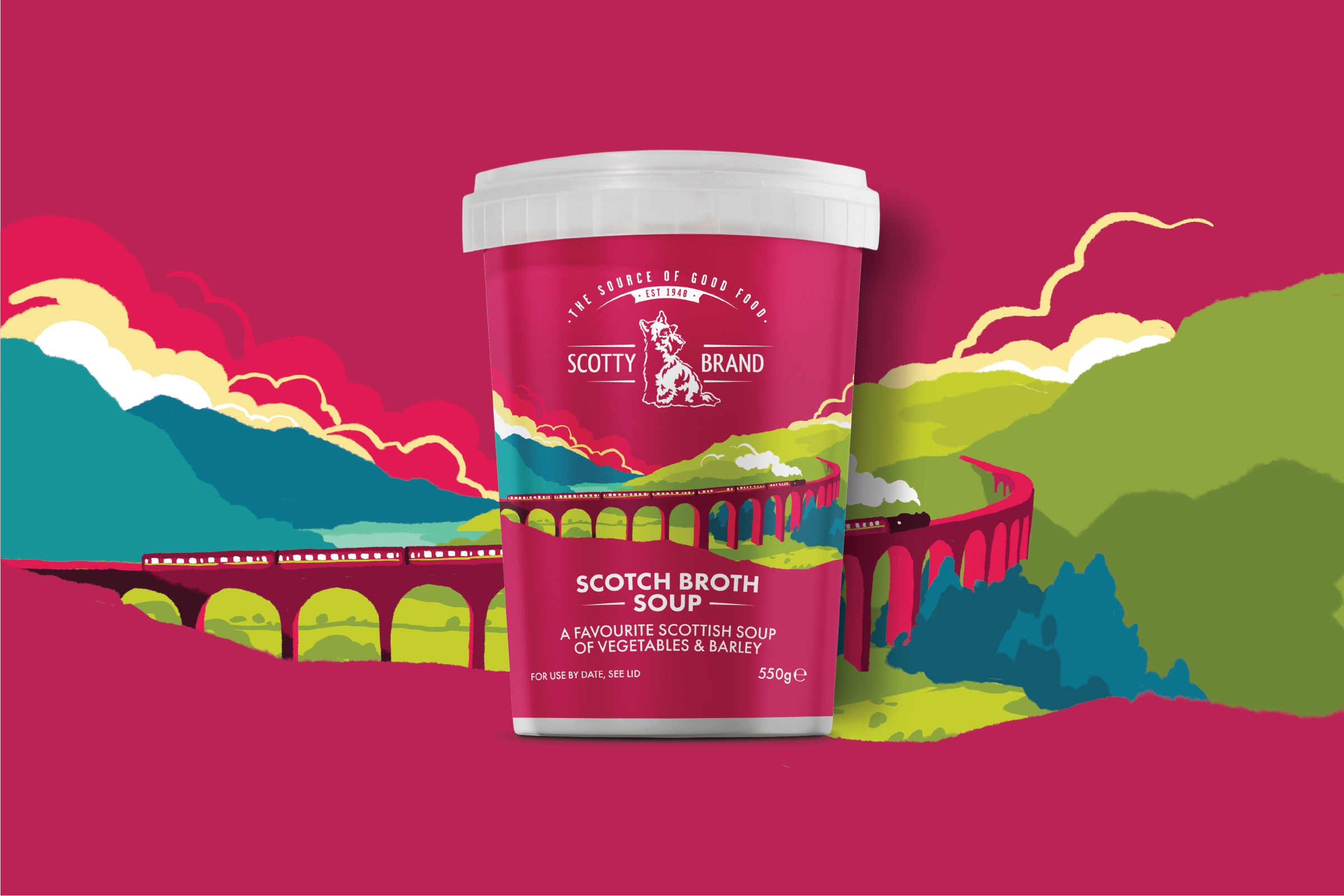 A pink container of Scotty Brand Scotch Broth Soup with an illustration of a train and a bridge in a colorful landscape background with mountains, trees, and clouds.