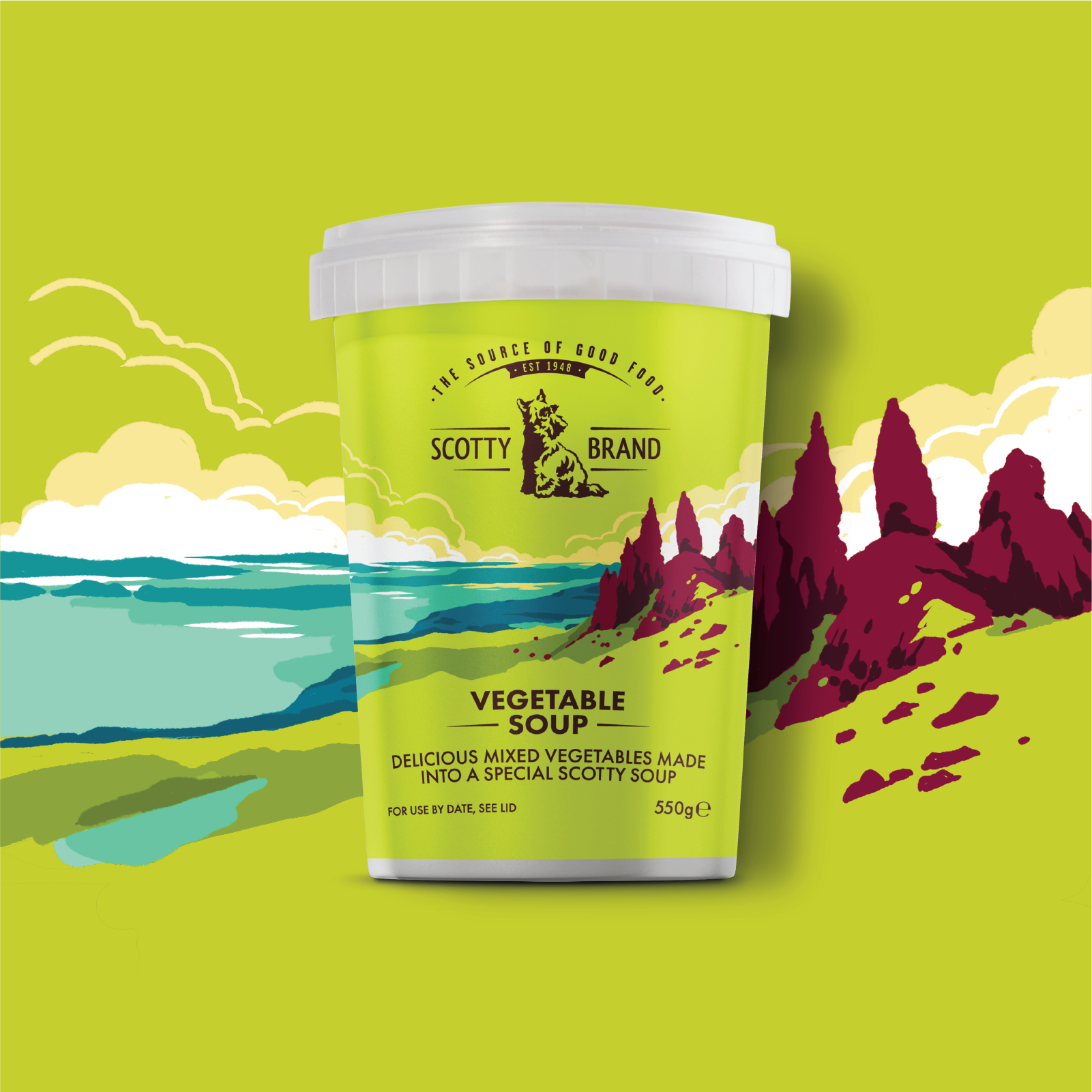 A container of vegetable soup labeled 'Scotty Brand' with mountain and sea scenery in the background.