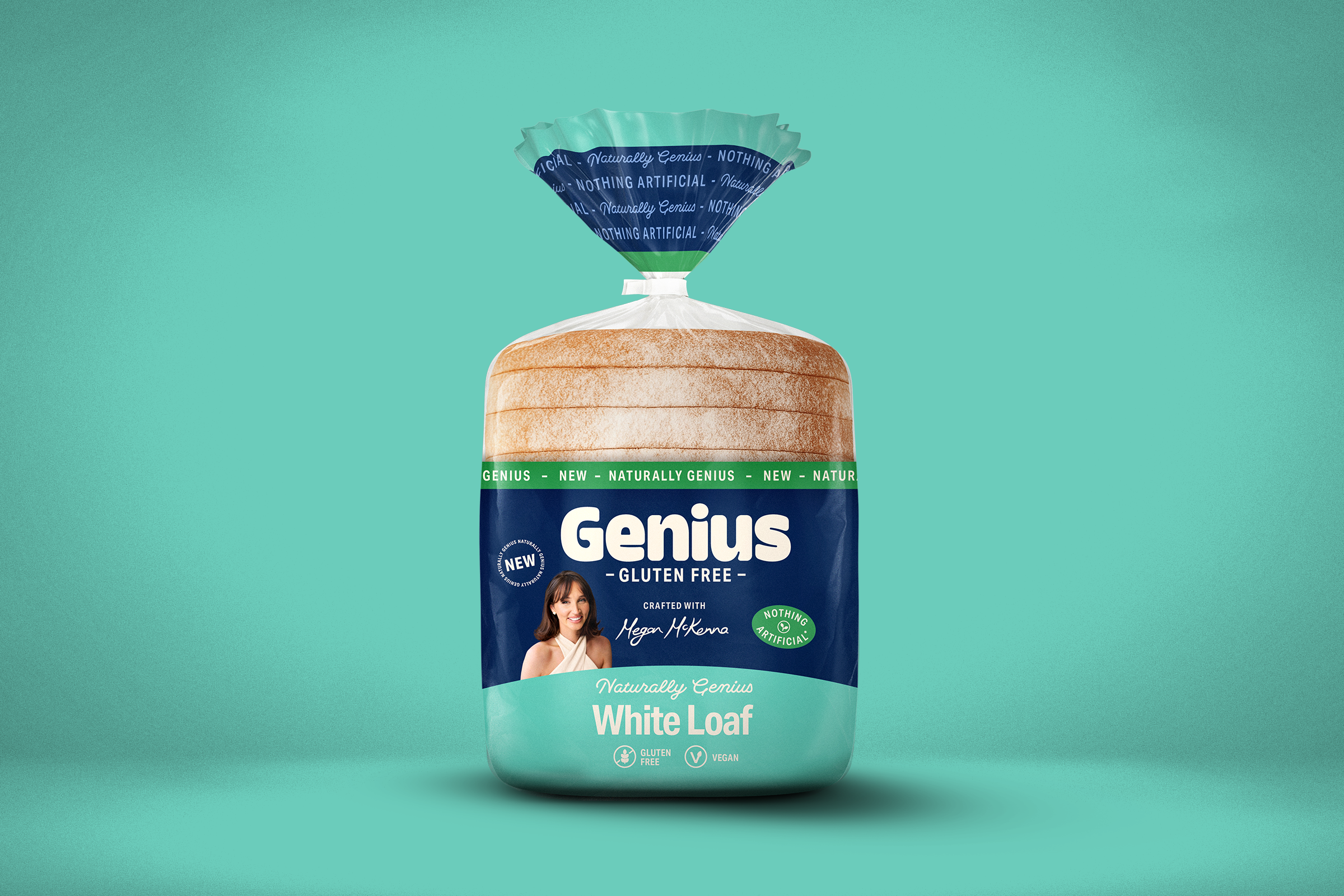 Genius gluten-free white bread loaf in blue and green packaging with a woman smiling on the label, set against a teal background.