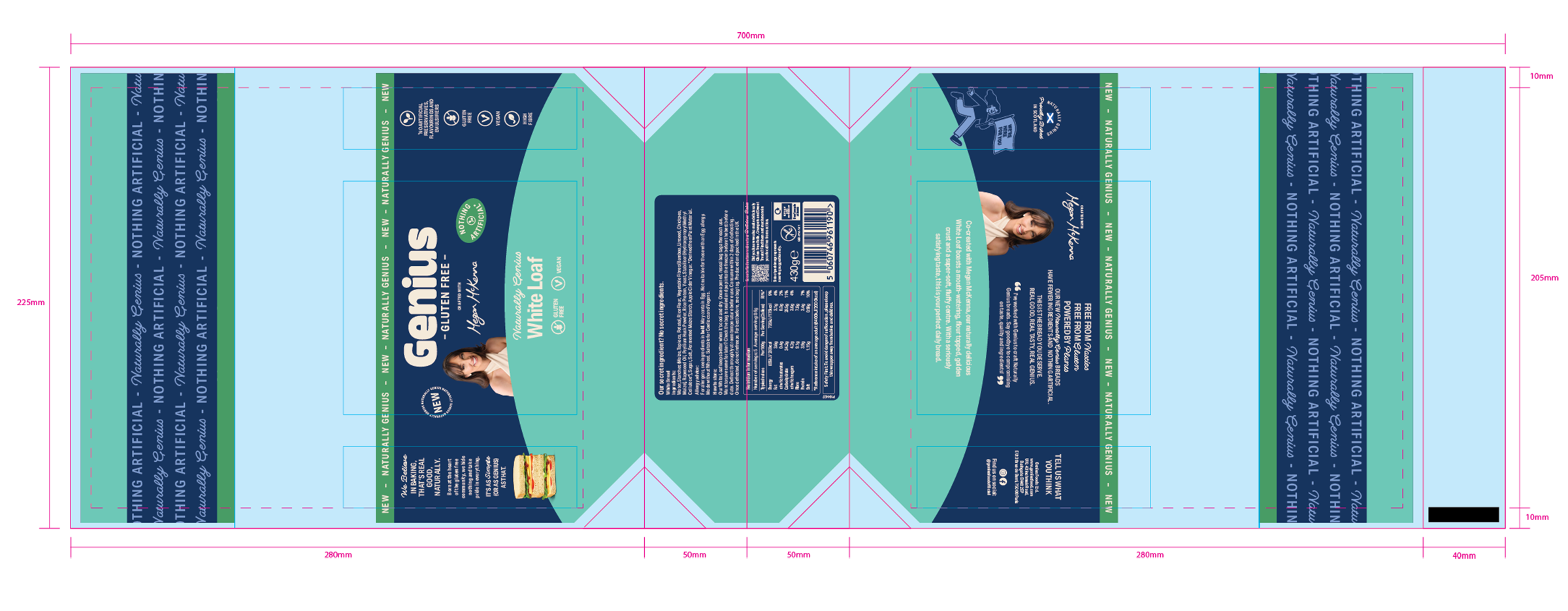 Genius white bread package with a woman and a sandwich on the front, blue and green design, nutrition facts on the side, pink background border.