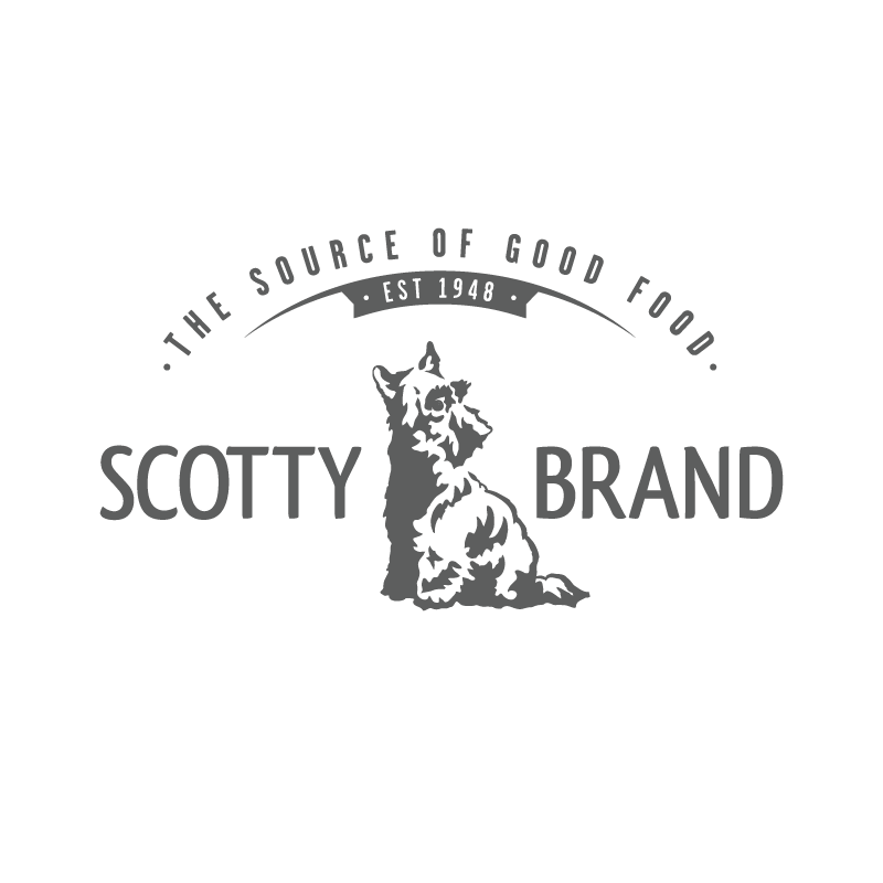 Logo for Scotty Brand featuring a seated Scottish Terrier dog, with the text "The Source of Good Food" and "Est 1948".