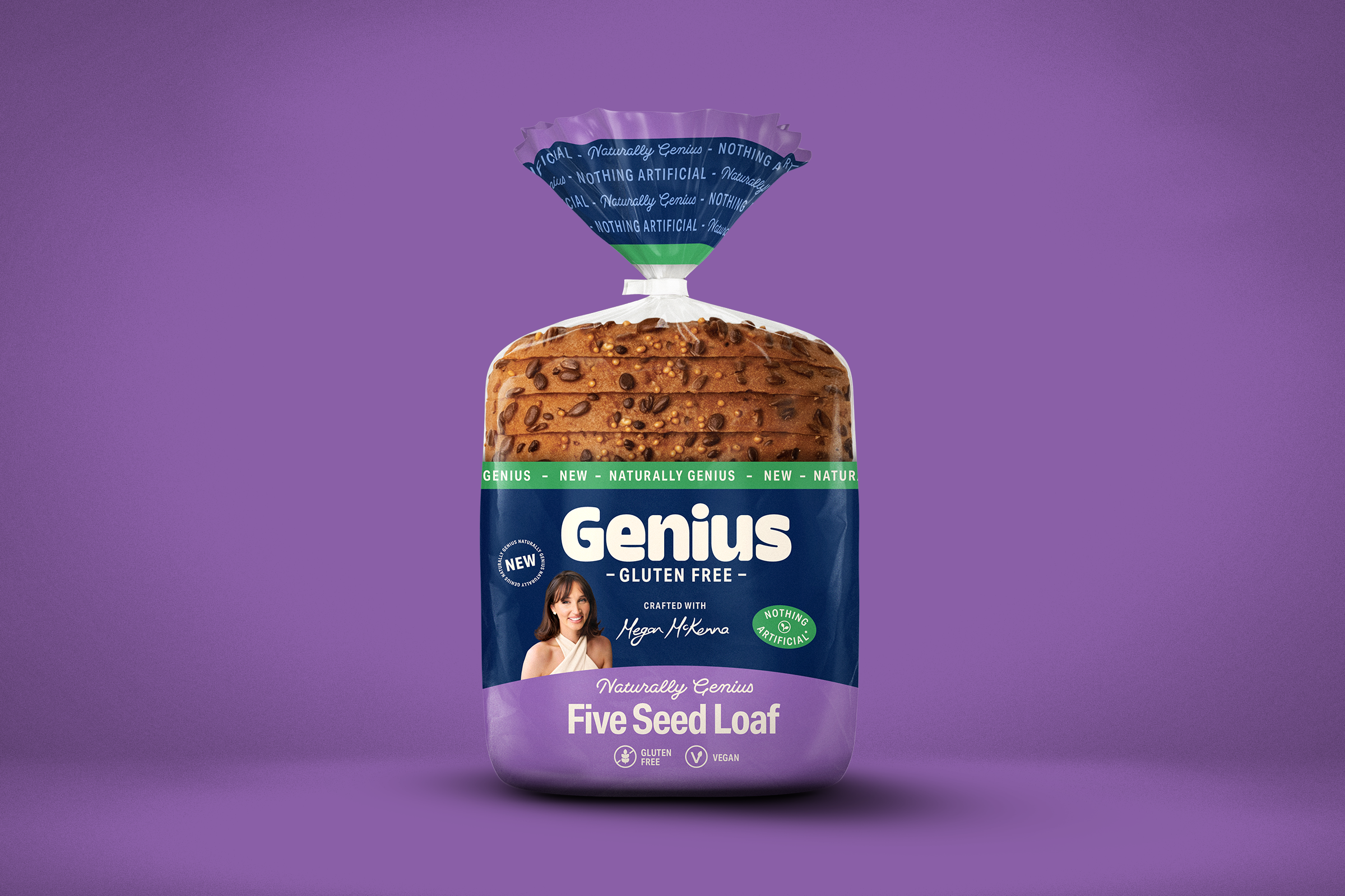 Package of Genius Five Seed Loaf gluten-free bread with a purple background.