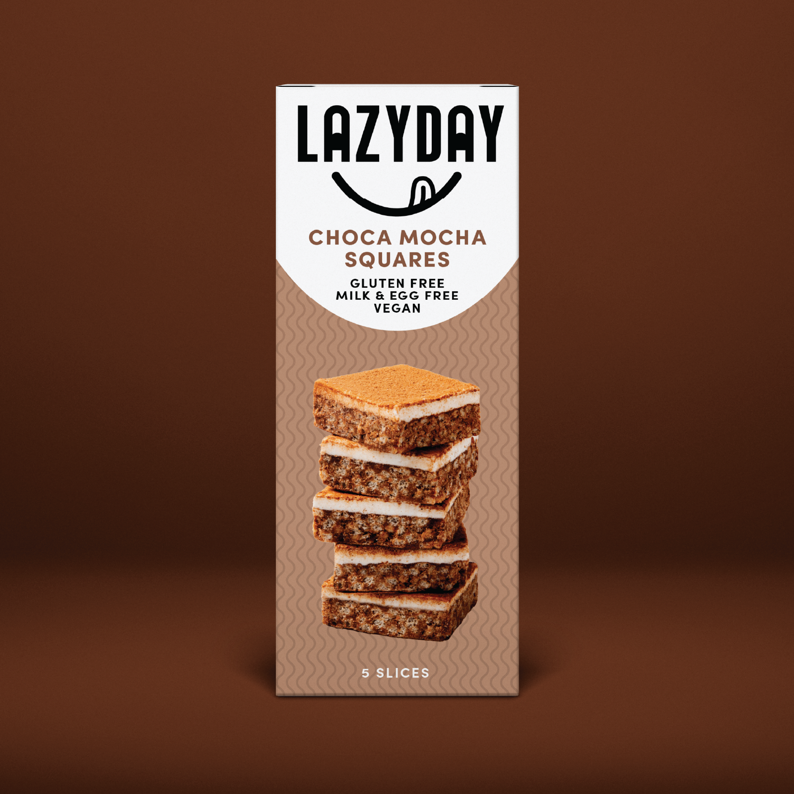 Package of Lazy Day Choca Mocha Squares, gluten-free, milk and egg free, vegan, with five slices displayed on the front.