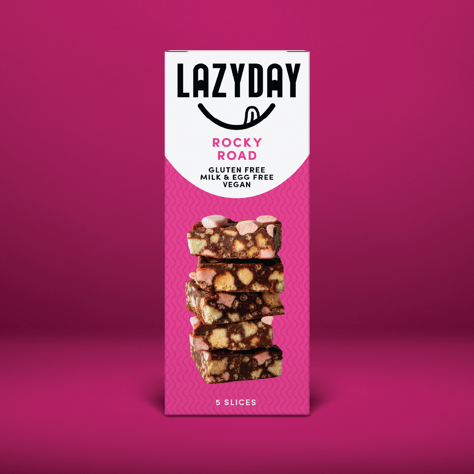 Lazydays Rocky Road snack bar box with pink background, showing a stack of five cookie and chocolate snack bars.