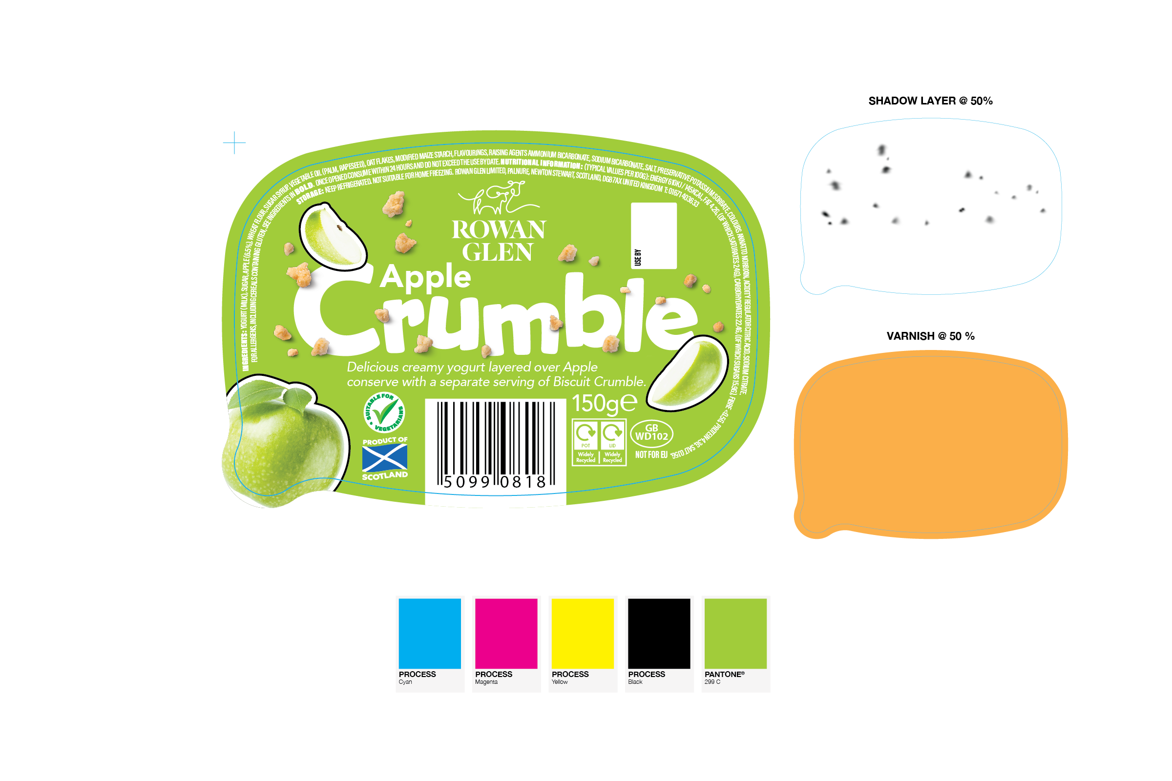 Packaging label for Rowan Glen Apple Crumble yogurt, featuring green and white design with images of apple and crumble pieces.
