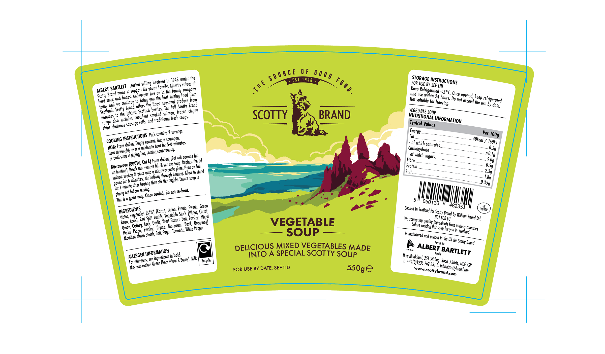 A green package of Scotty Brand vegetable soup with a mountainscape and ocean illustration, featuring product information, ingredients, and storage instructions.