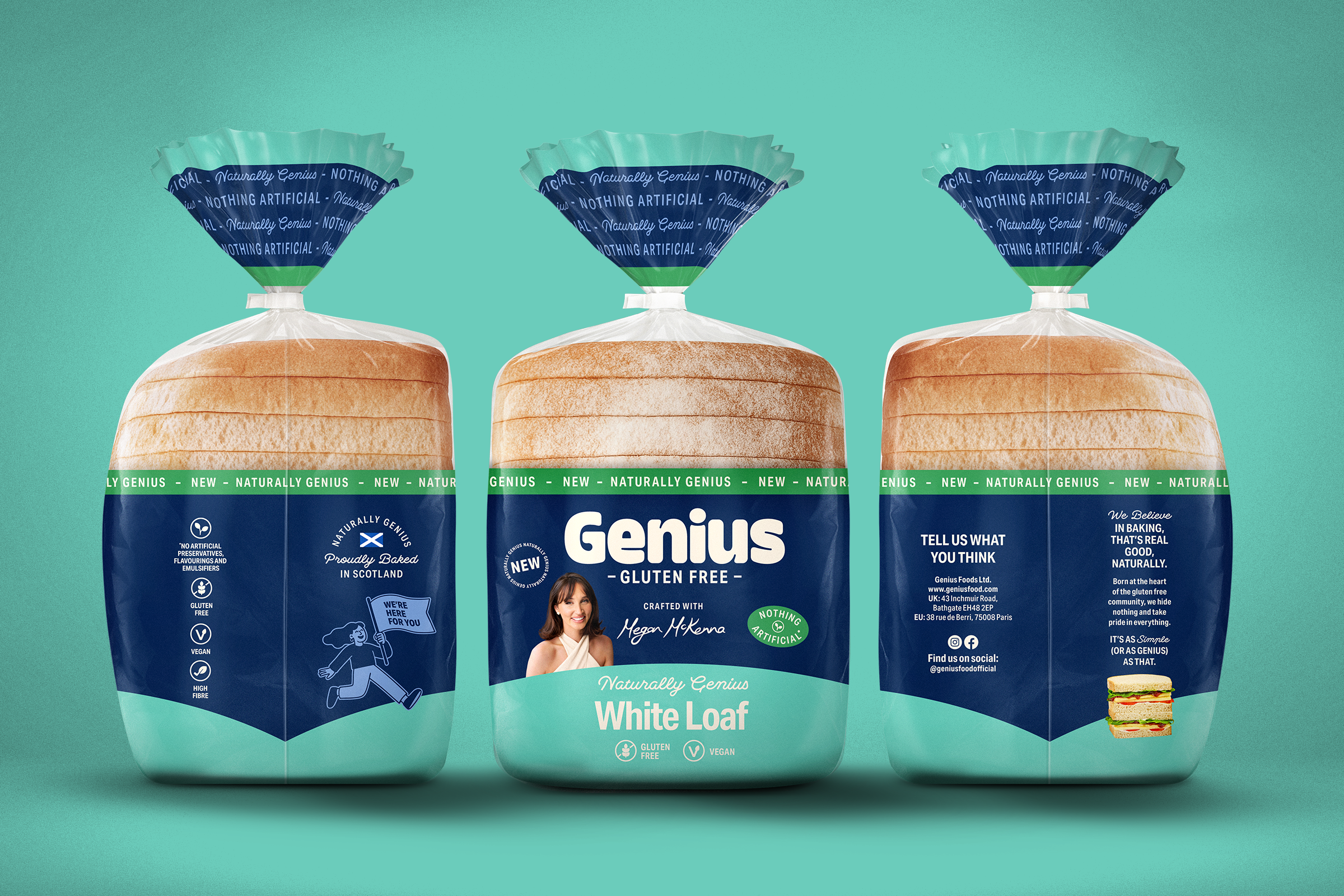 Three packages of Genius gluten-free white loaf bread standing side by side against a teal background.