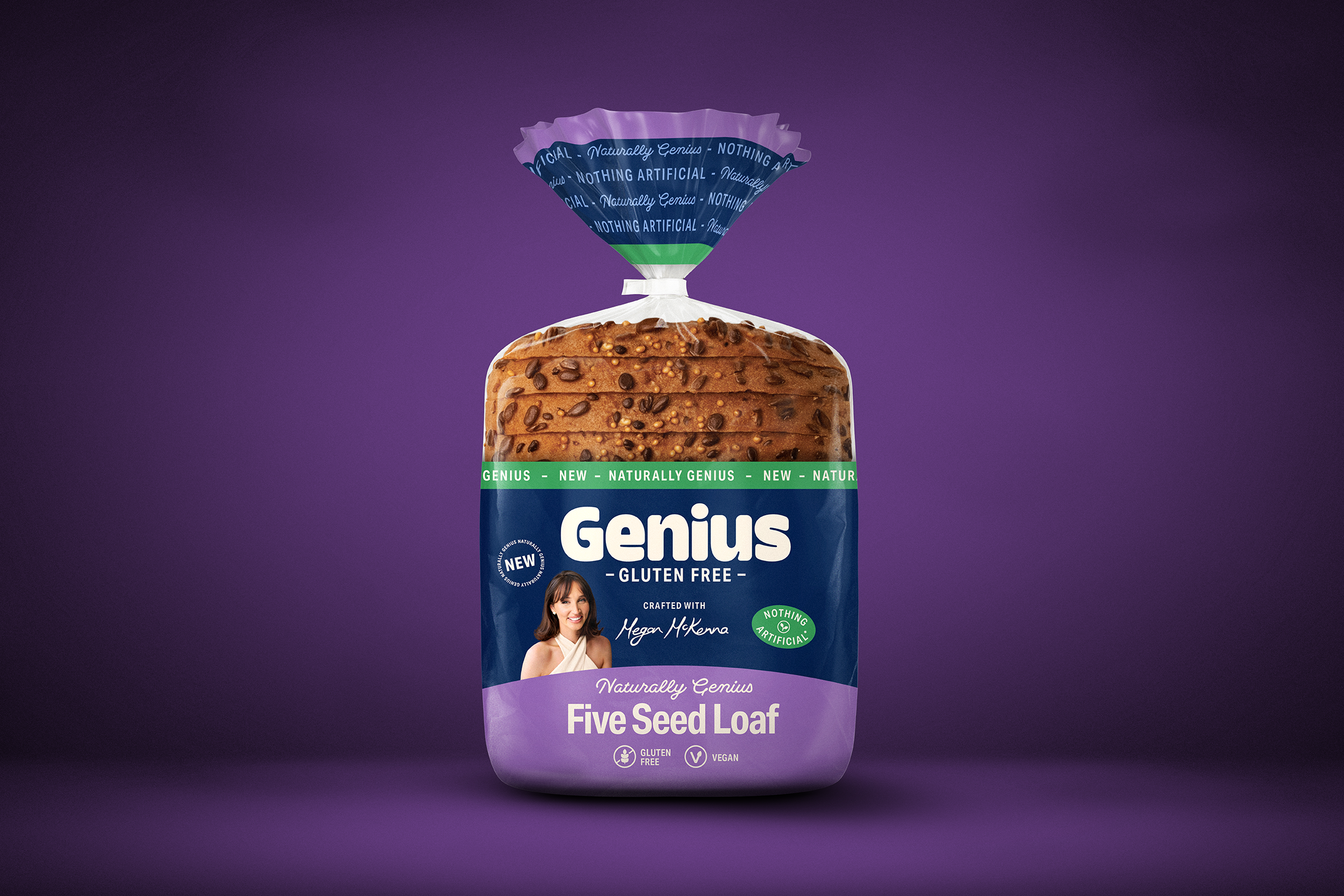 Package of Genius Five Seed Loaf gluten-free bread with a purple background and a woman’s face on the front.