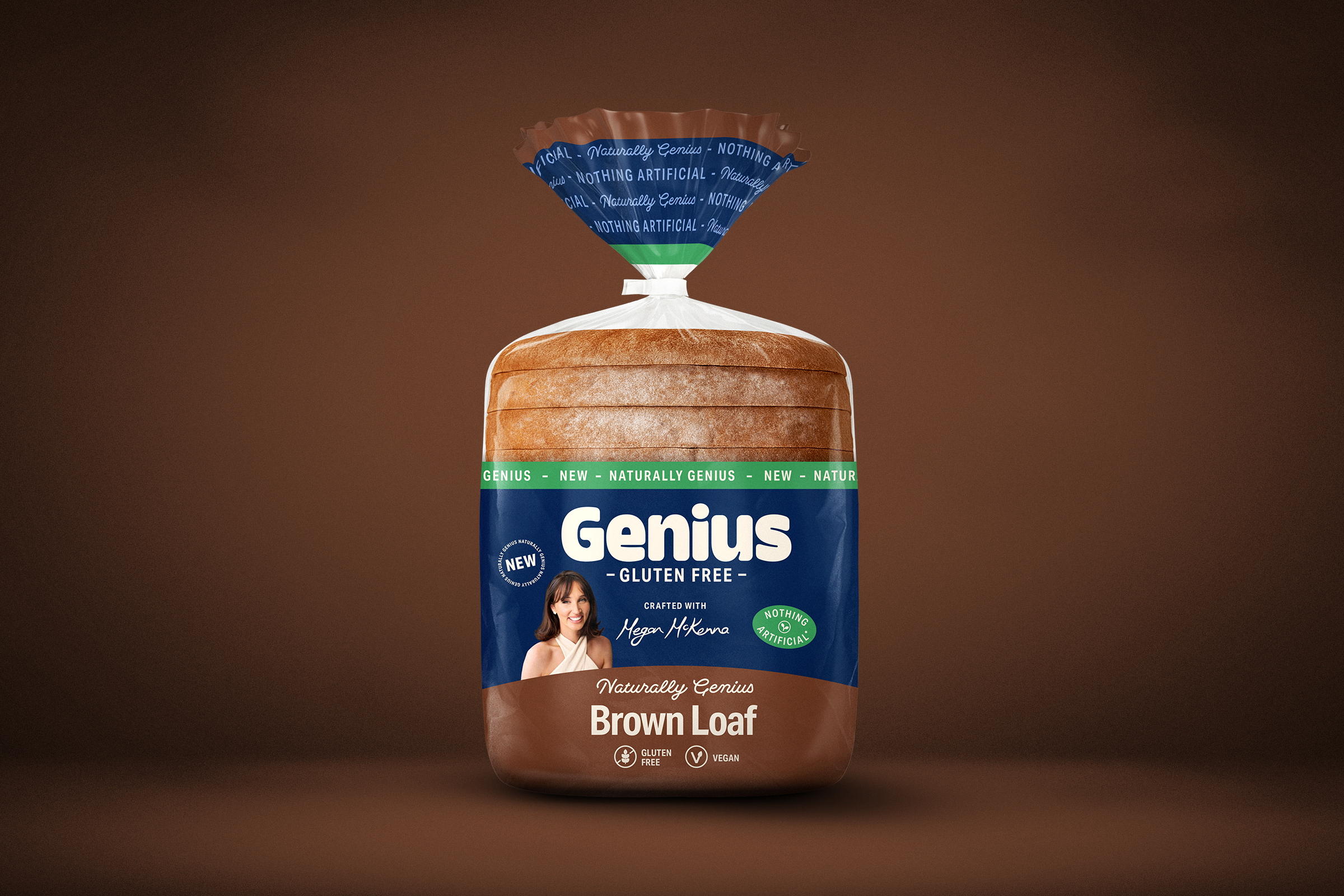 Packaged brown loaf bread labeled 'Genius Gluten Free,' crafted with Megan McKenna, gluten-free, vegan, and made from naturally genius ingredients, with a brown background.