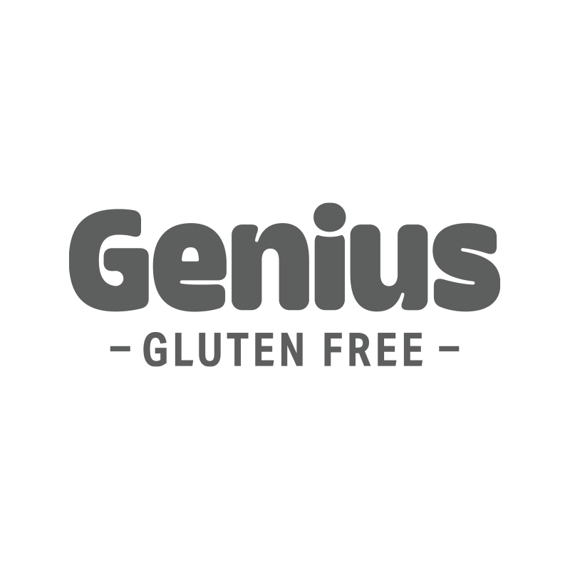 The logo features the word 'Genius' in bold, gray letters with 'GLUTEN FREE' underneath, separated by two dashes on each side, all set against a black background.