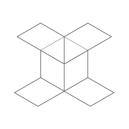 Line drawing of an open box viewed from an angle with three open flaps and a cube shape inside.