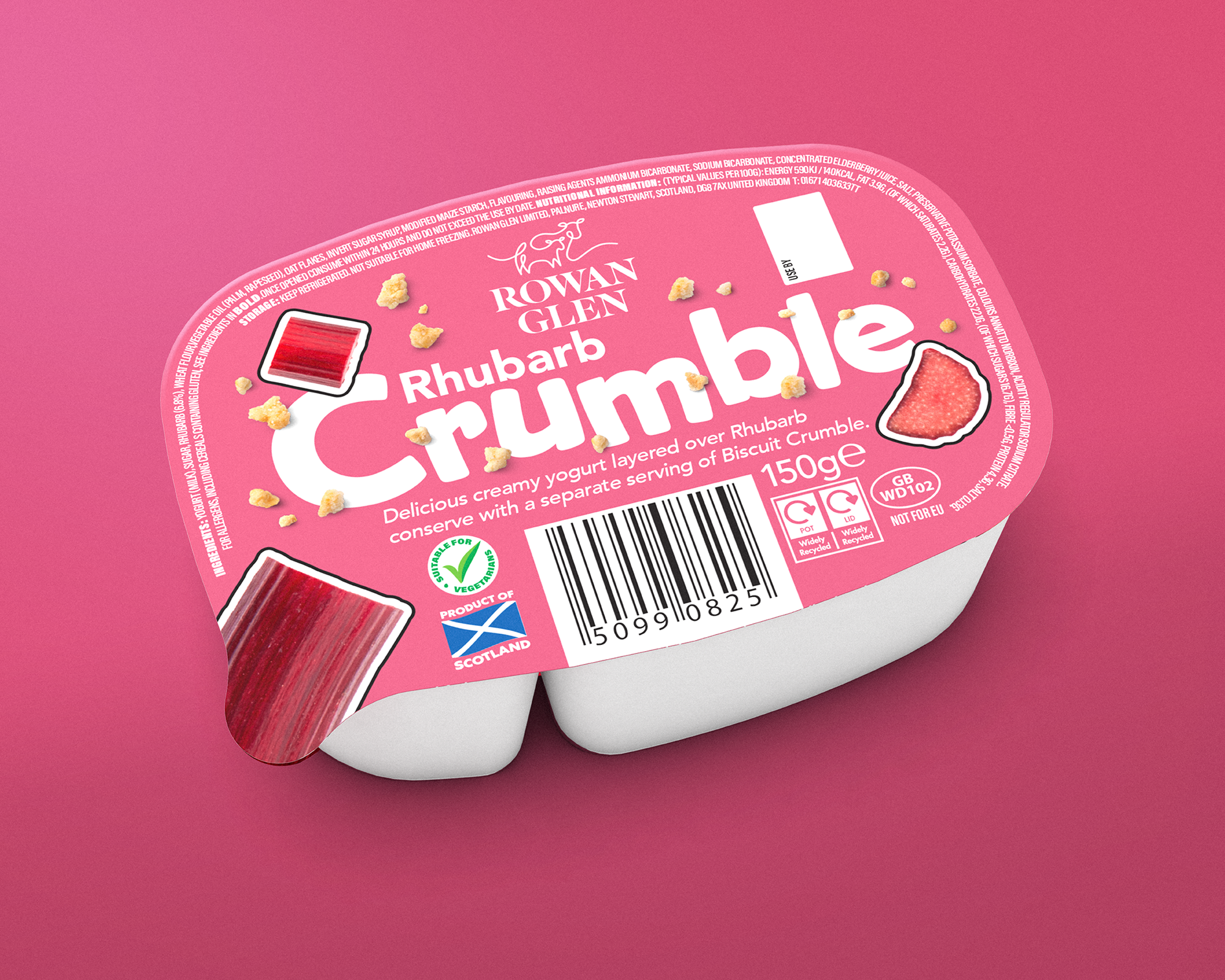 Container of Rowan Glen Rhubarb Crumble with pink label, barcode, and illustrations of rhubarb and crumble pieces on a pink background.