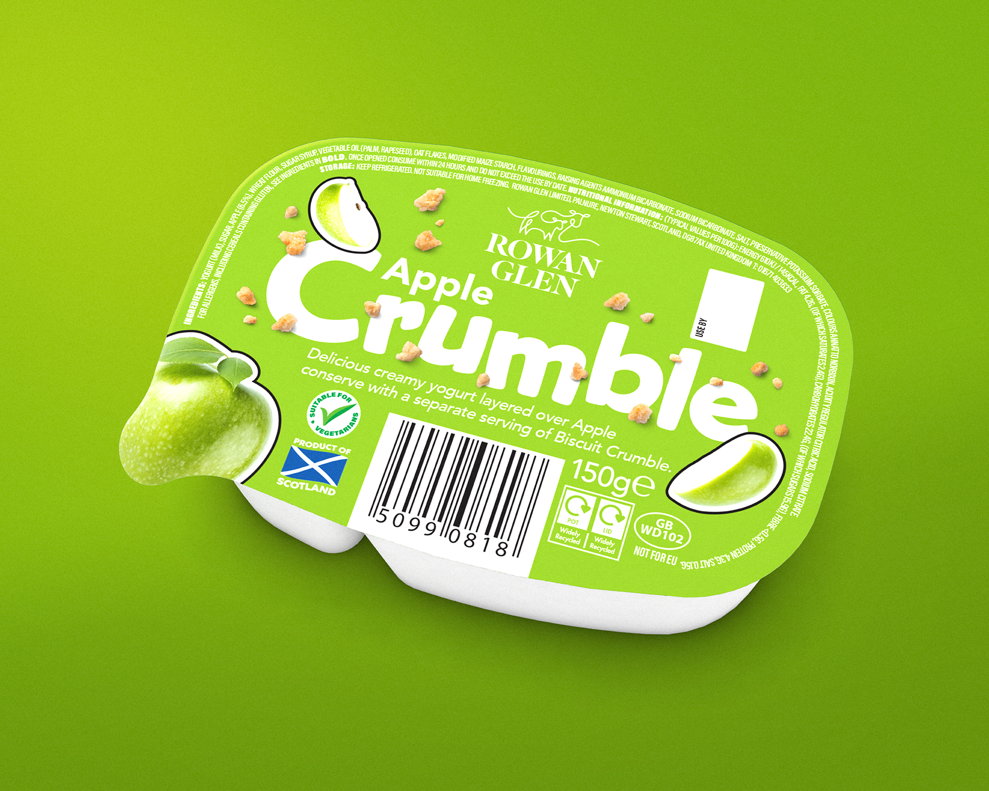 Green apple crumble yogurt container with apple illustrations and product information.