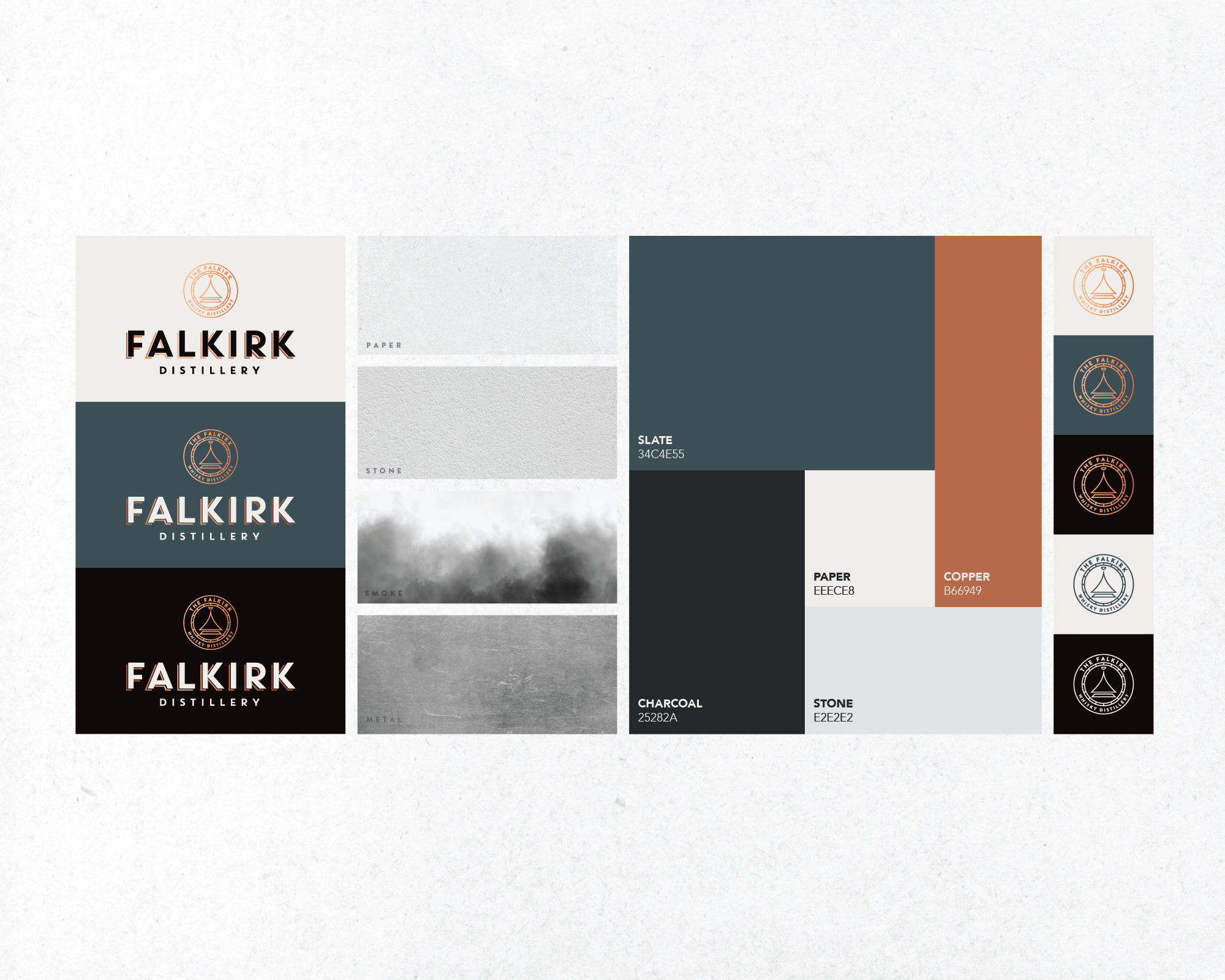 Design mood board for Falkirk Distillery featuring logo variations, color palette with slate, charcoal, copper, stone, paper, and smoke textures, and branding elements.