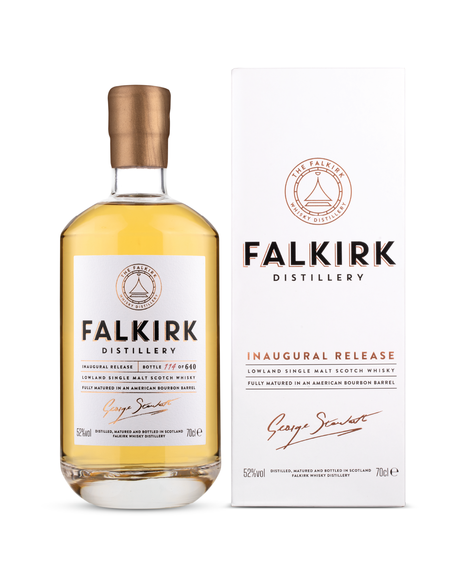 Bottle of Falkirk Distillery single malt Scotch whisky next to its box, both labeled 'Inaugural Release' and 'George Stewart'.