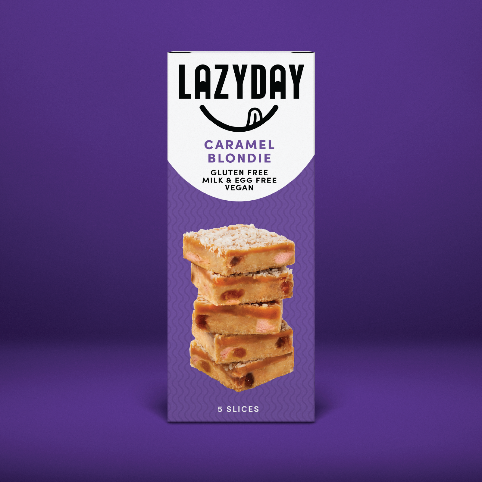 Lazydays caramel blondie snack bar packaging with an image of five blondie slices on a purple background.