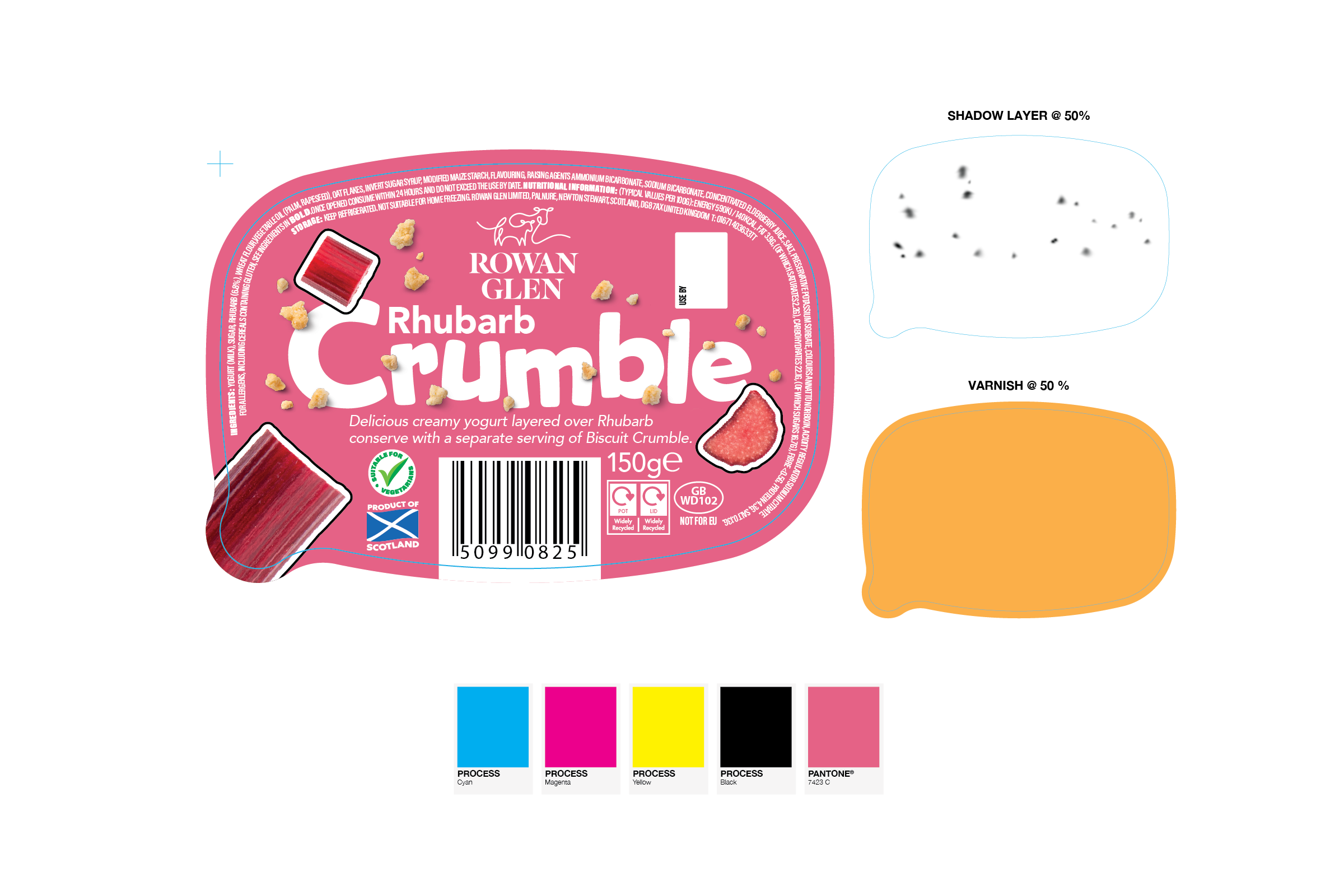 Packaging design for Rowan Glen Rhubarb Crumble, including a pink label with images of rhubarb crumble, a barcode, and icons indicating product details; color swatches at the bottom for process Cyan, Magenta, Yellow, Black, and Pantone 7423 C.