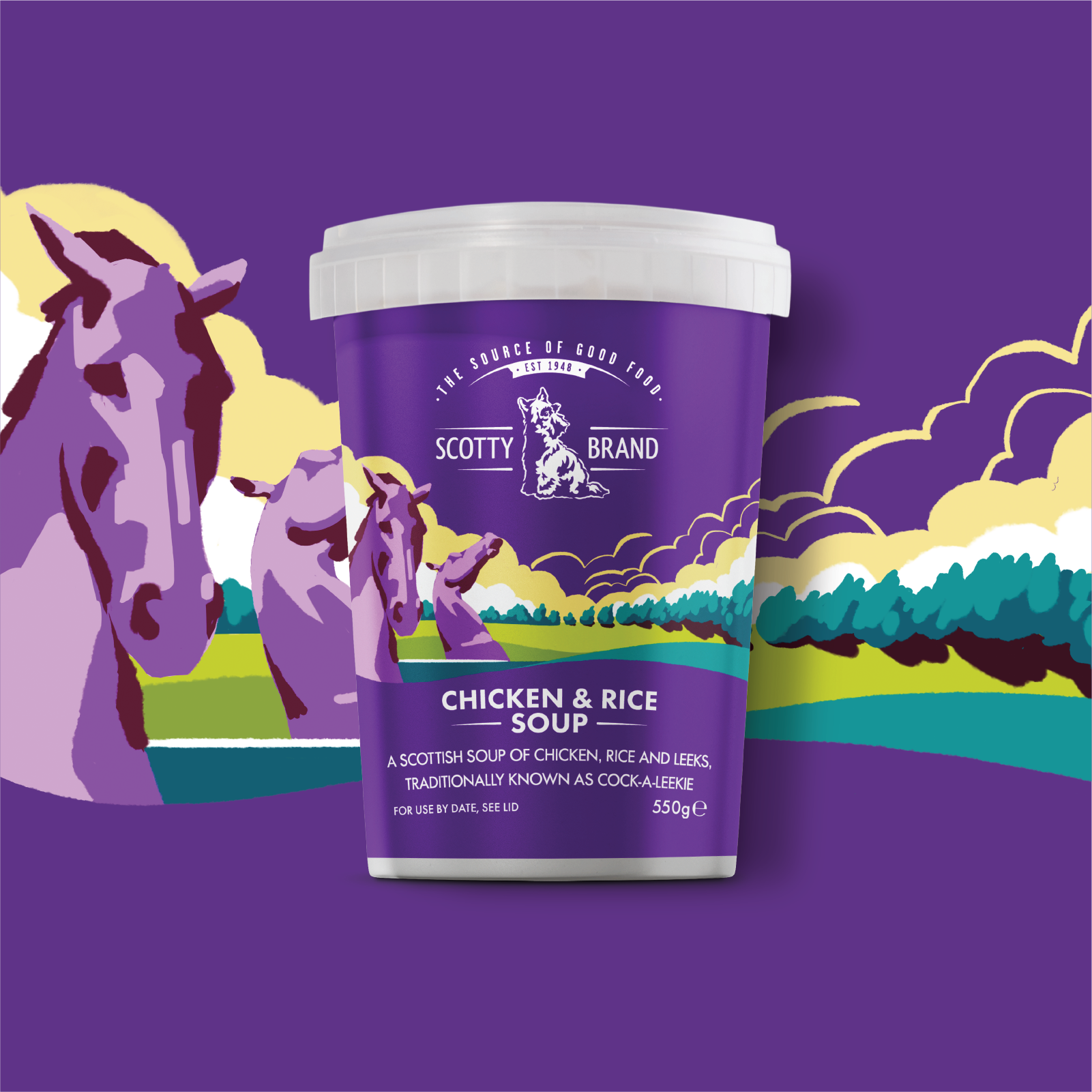 A purple container of Scott Brand Chicken & Rice Soup with a scenic background of stylized purple and yellow mountains, trees, and clouds.