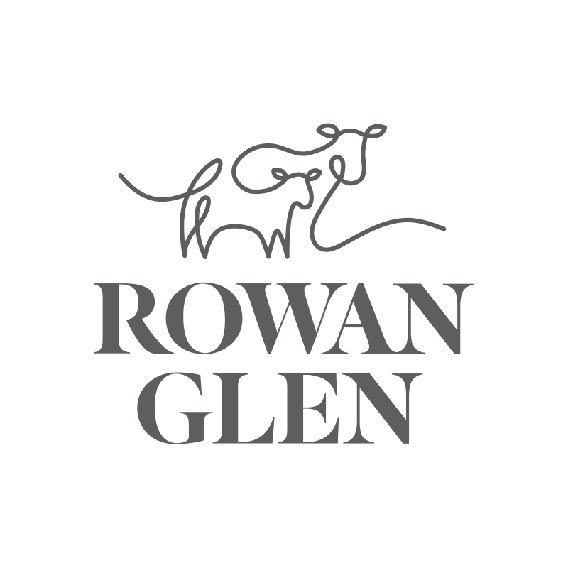 Logo with a line art drawing of a llama above the text 'ROWAN GLEN' in bold, serif font.