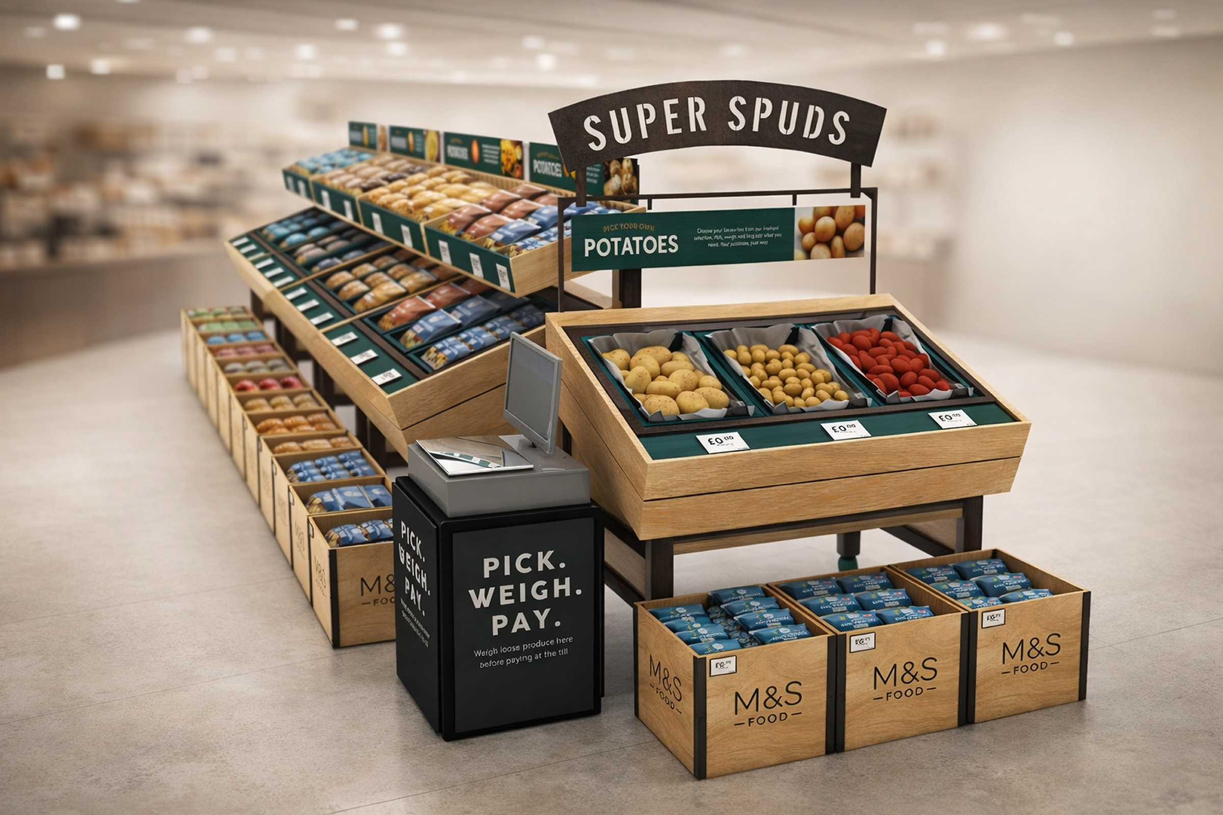 Display of potatoes and other produce in a store section labeled 'Super Spuds', with wooden crates and a scale for weighing produce.