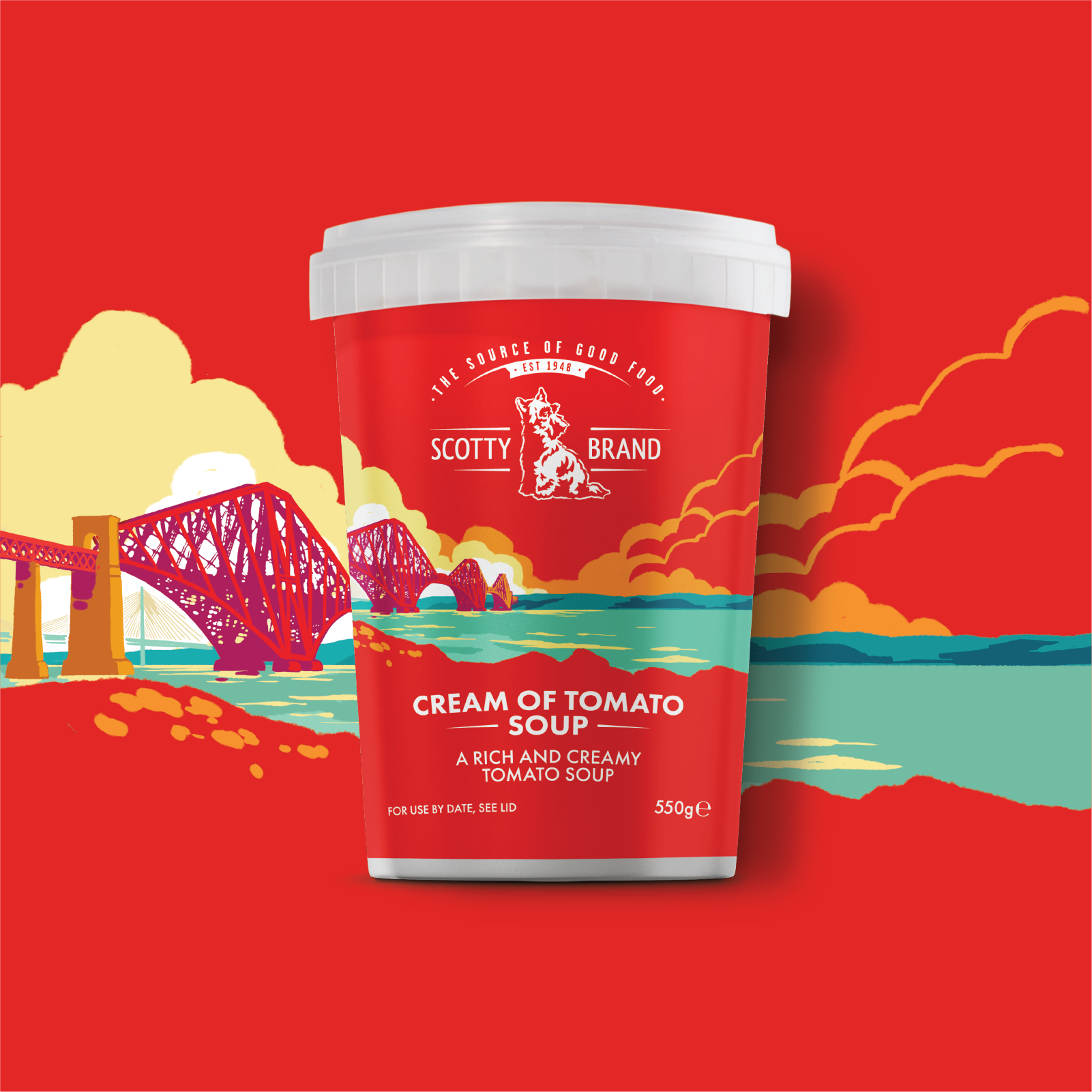 Red container of Scotty Brand Cream of Tomato Soup with a colorful illustrated background of a bridge, clouds, and water.