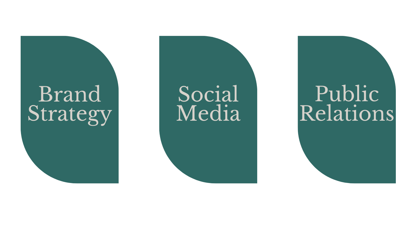 A diagram illustrating the interconnectedness of three factors: Brand Strategy, Social Media, and Public Relations.