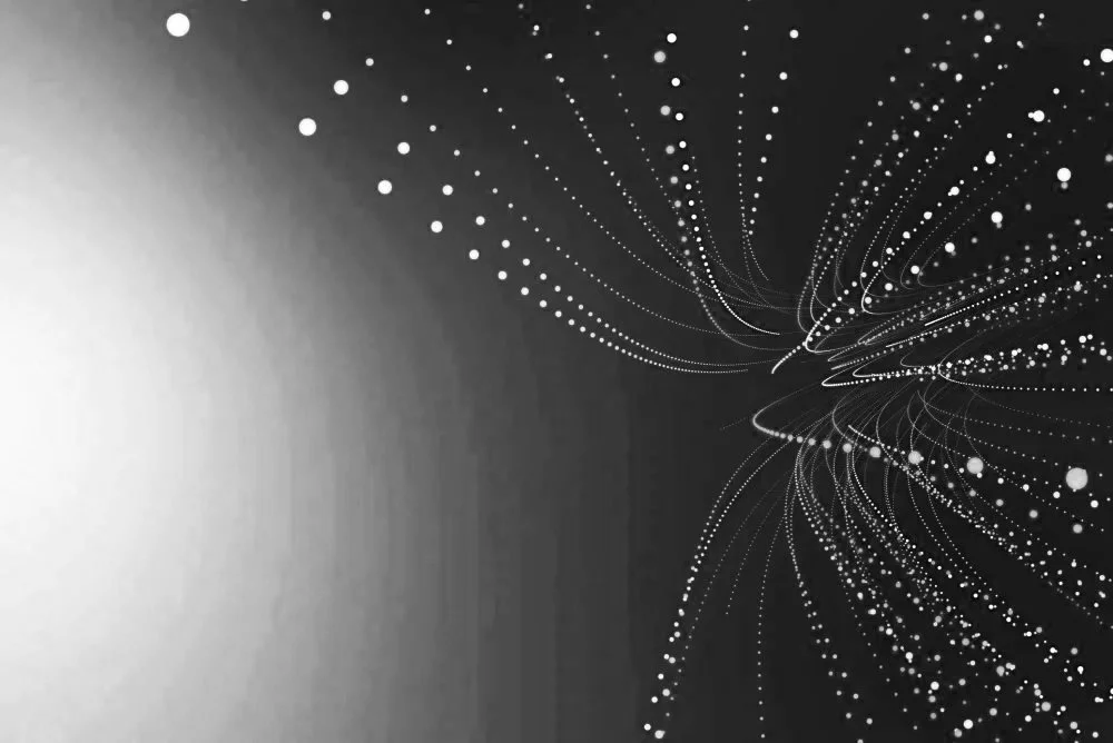 Abstract digital art with white dots and lines on a black background forming dynamic flowing patterns.