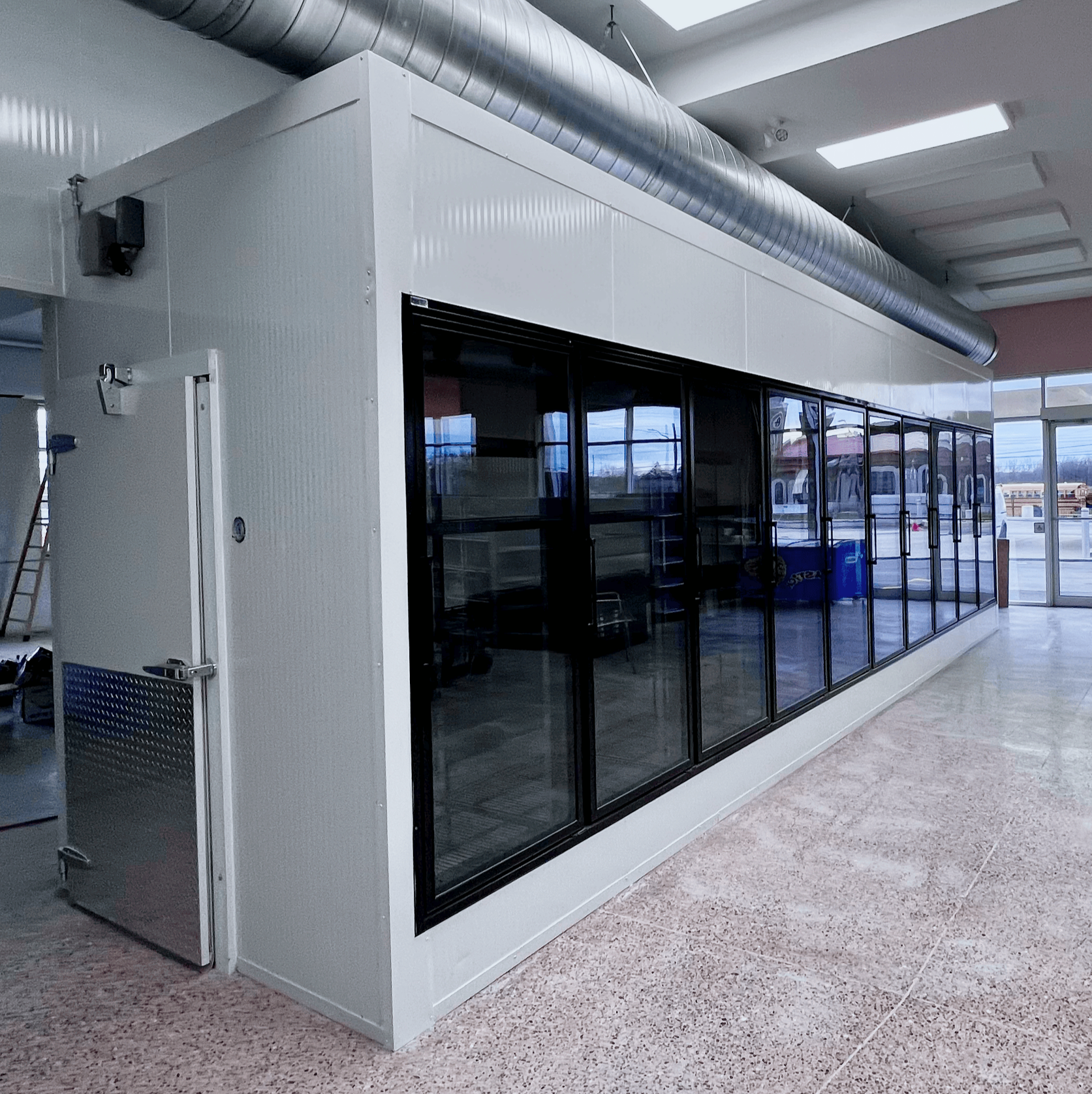 Newly completed custom walk-in freezer featuring high-efficiency cooling and industrial shelving in the GTA