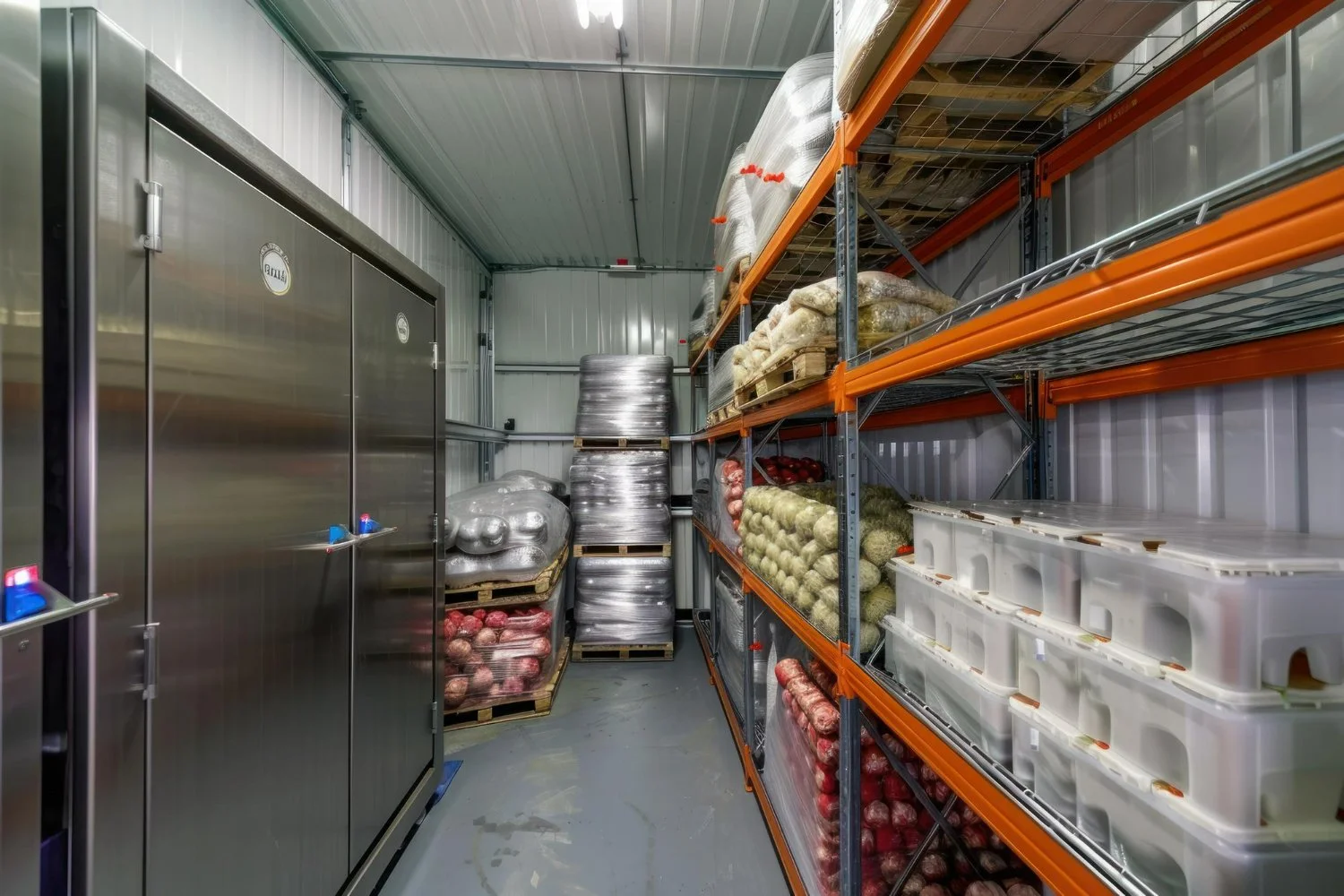 Completed commercial walk-in cooler installation with energy-efficient LED lighting and heavy-duty shelving in Toronto.