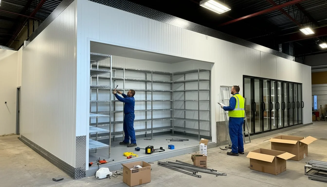 TSSA-licensed technicians performing a professional walk-in freezer installation at a commercial facility in Toronto.