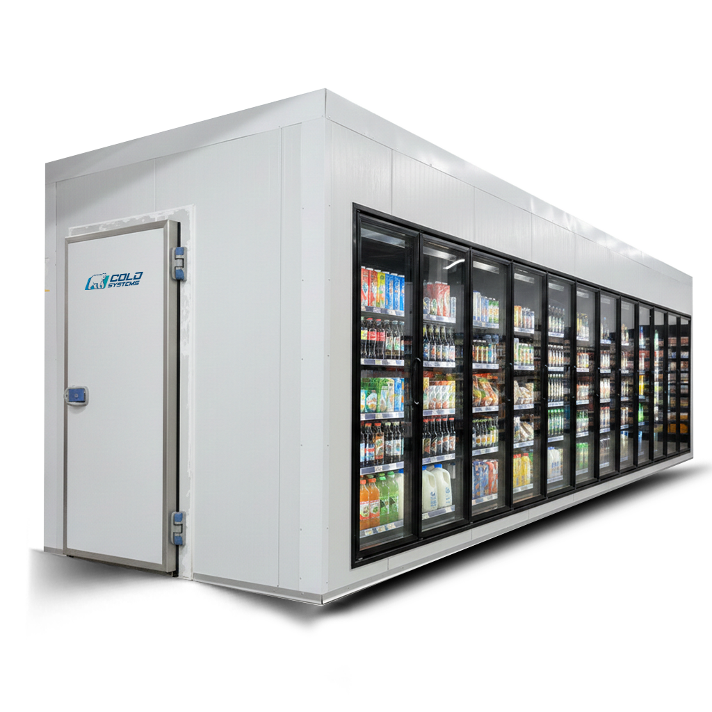 High-capacity beer cave and reach-in walk-in cooler system in Mississauga, featuring energy-efficient LED lighting and glass doors by Cold Systems.