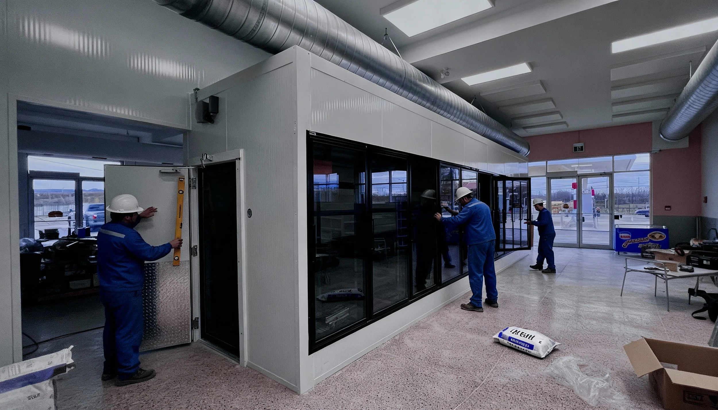 Workers installing glass panels in an indoor space, with construction materials and tools scattered around, and large windows showing an outside view.
