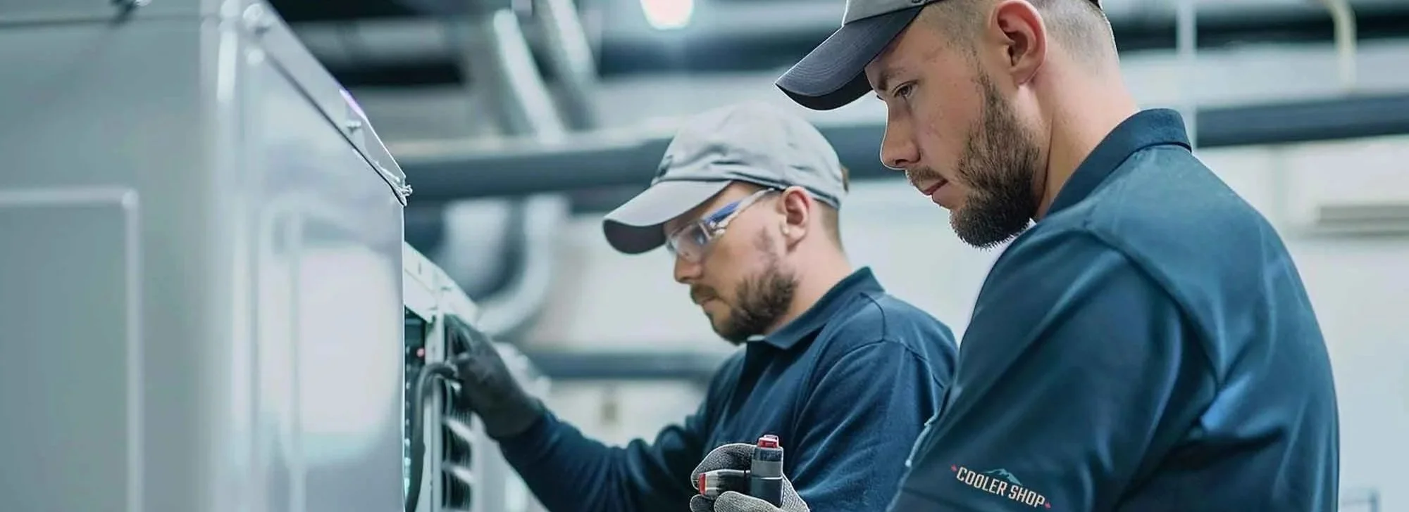 Two technicians working on industrial equipment, wearing safety glasses and uniforms, in a factory or technical setting.