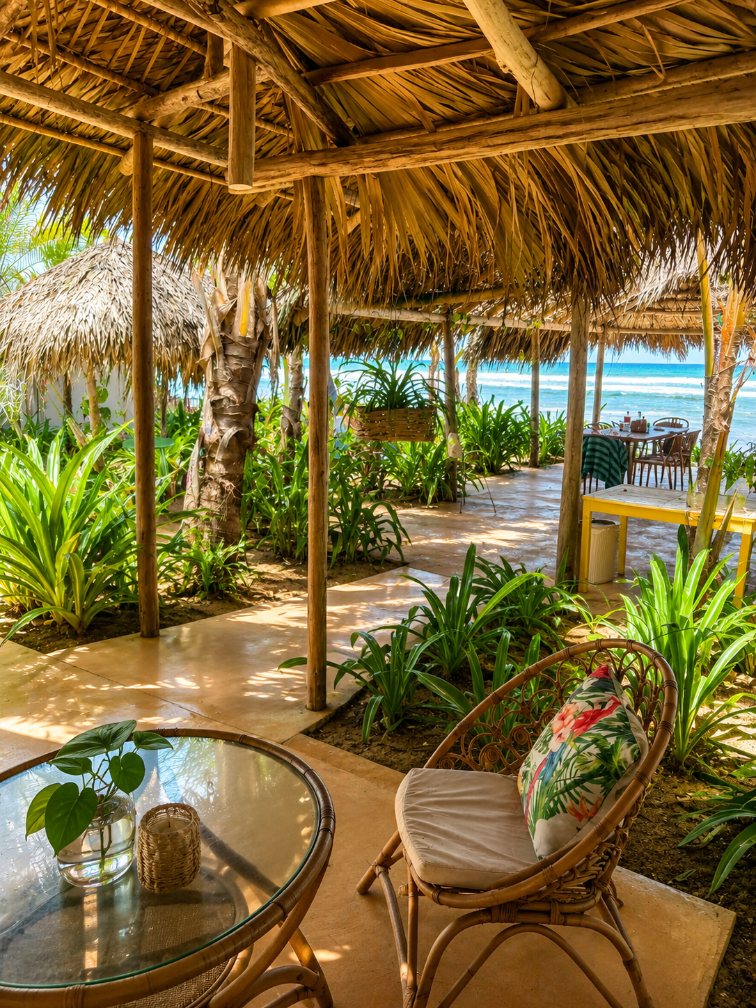 Área de terraza con muebles de mimbre y cojín con estampado tropical, rodeada de plantas verdes y palmeras, vista al mar con olas y cielo azul, sombrillas de paja que proporcionan sombra.