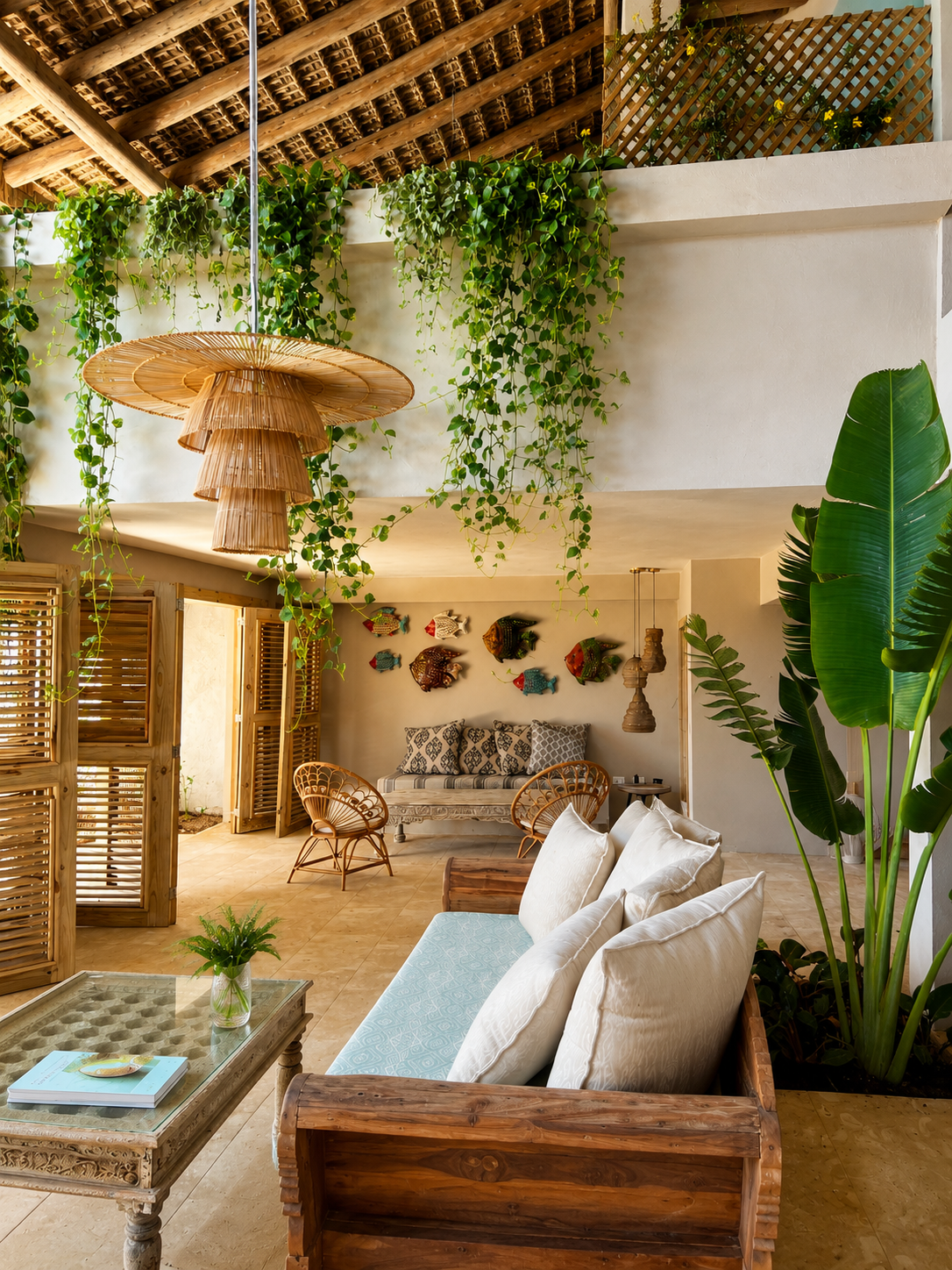 Sala de estar con mobiliario de madera, cojines blancos y plantas verdes decorativas, con paredes blancas y techo de vigas de madera, decorada con peces en la pared y lámparas de bambú. Tiene un ambiente natural y tropical. decoración tropical