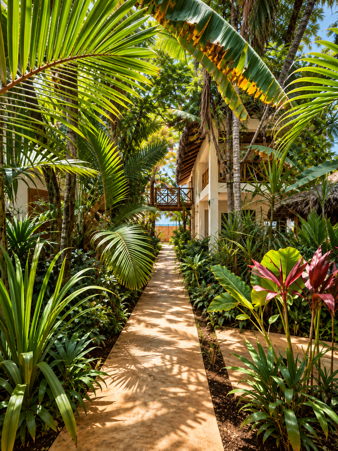 Camino de tierra en un sendero rodeado de vegetación tropical, con casas de madera en el fondo y cielo azul.