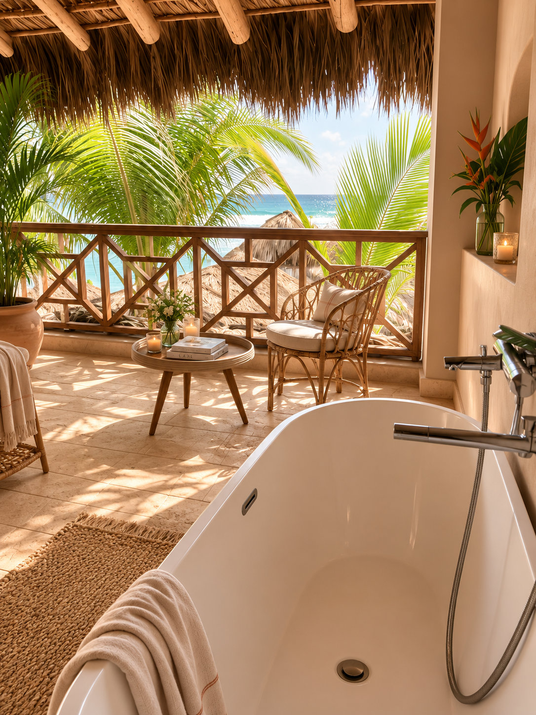 Vista de una terraza con vistas al mar, con plantas tropicales, muebles de madera y cabañas en la playa, vista desde un espacio interior que tiene una bañera de diseño y una decoración relajante con velas, plantas y libros.
