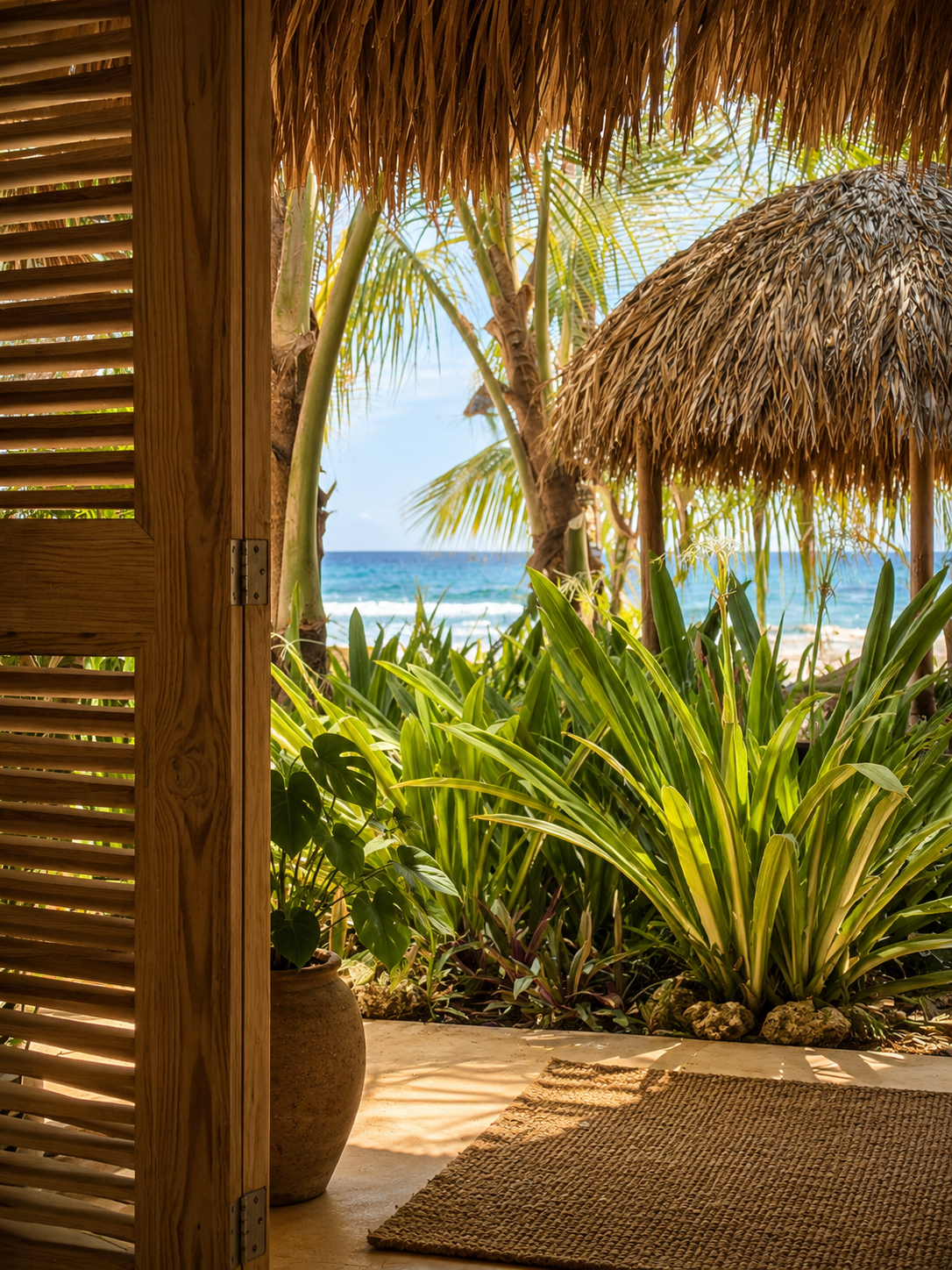 Vista de una terraza con plantas tropicales, hojas largas y verdes, y sombrillas de paja, con vista al mar en un día soleado.