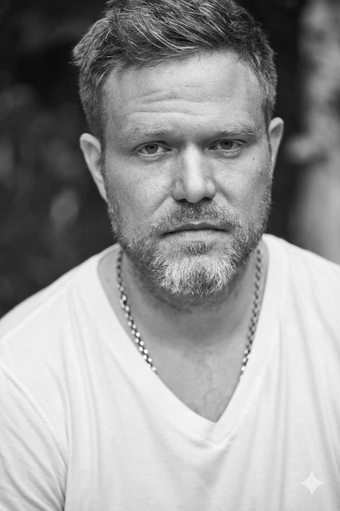 A black and white portrait of a man with short hair, a beard, wearing a white V-neck T-shirt and a chain necklace, looking directly at the camera with a serious expression.