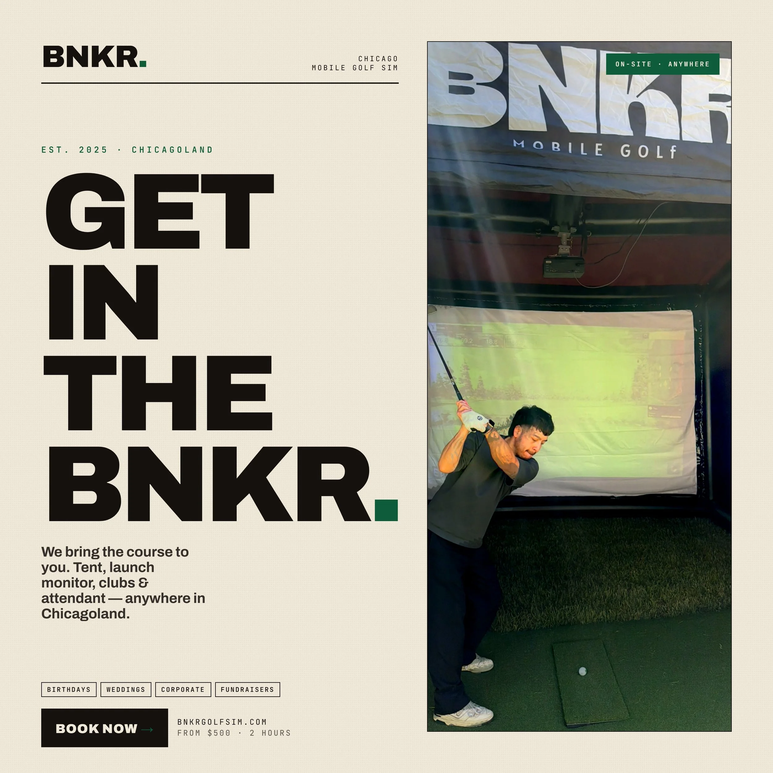 BNKR. GOLF -NOW AVAILABLE FOR BOOKING! 

Bring the course to your backyard &mdash; BNKR Golf sets up a full simulator at your location anywhere in Chicagoland. Perfect for golf nights, parties, or just practicing your swing. 🏌️