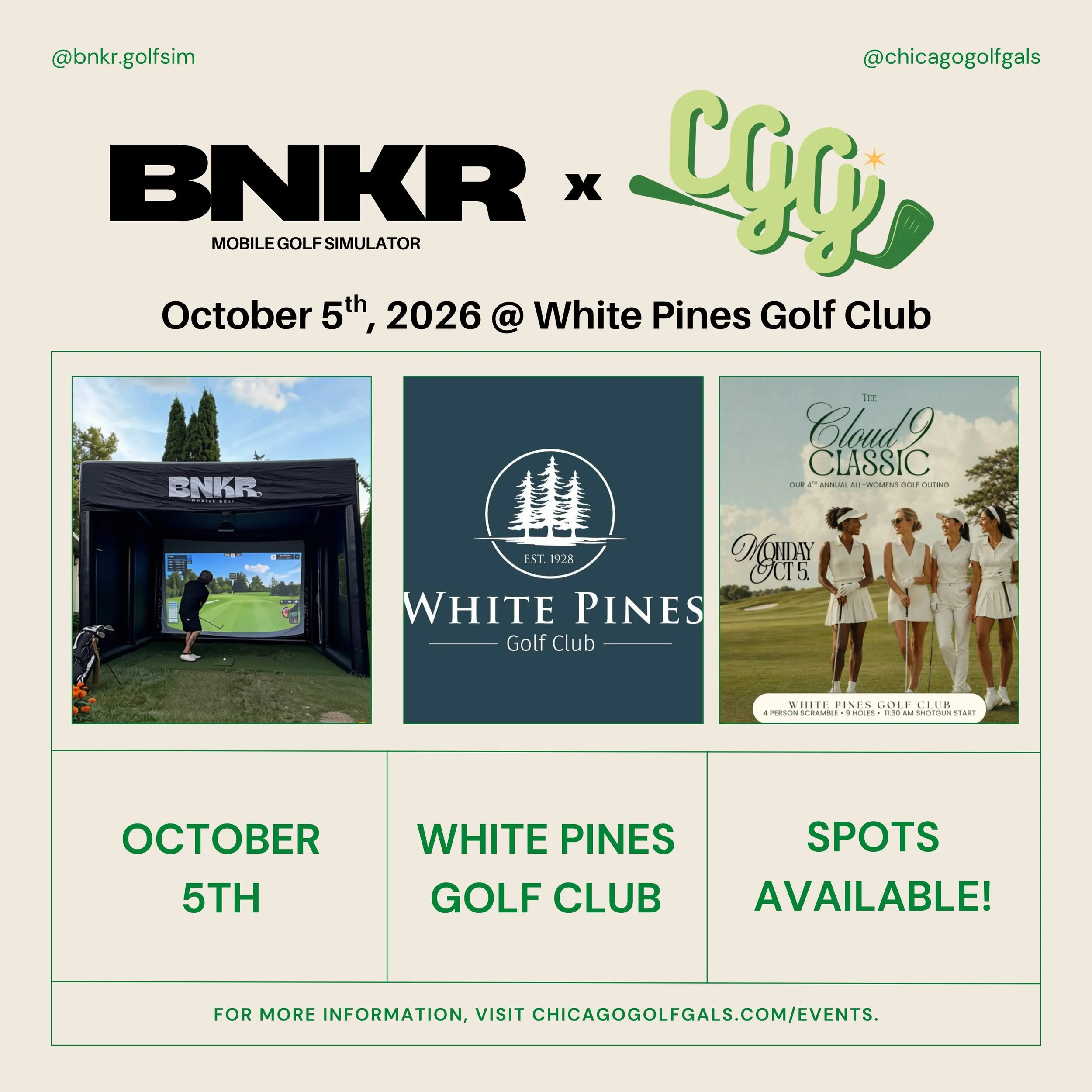 Catch BNKR out at White Pines Golf Club on October 5th for @chicagogolfgals 4th annual all-women&rsquo;s golf outing. Come take a swing on the sim!

📍 White Pines Golf Club
📅 October 5th, 2026
⛳ 4-person scramble, 9 holes, 11:30 AM shotgun start

S