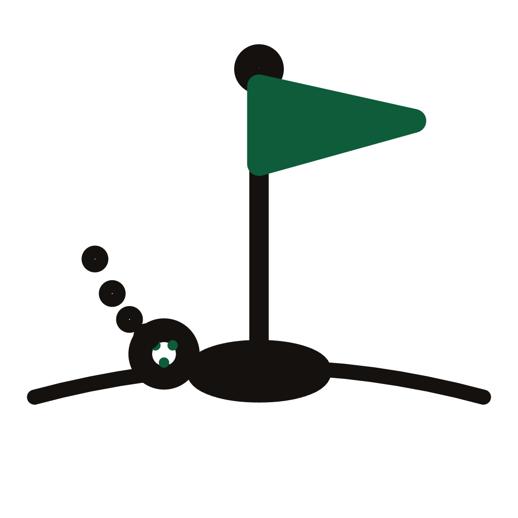A simple illustration of a small bug lying in front of a small green flag on a dark background.