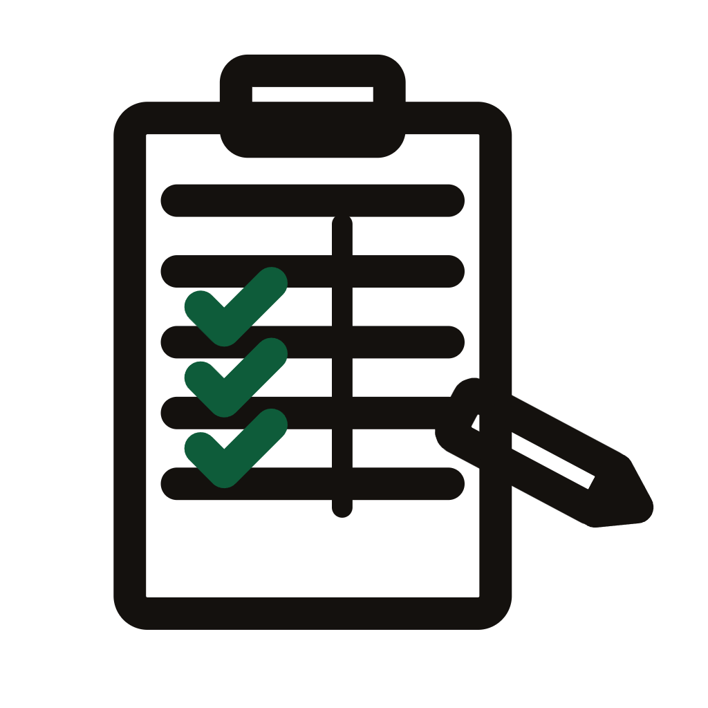 Outline of a clipboard with checkmarks on a list, and a hand holding a pen.