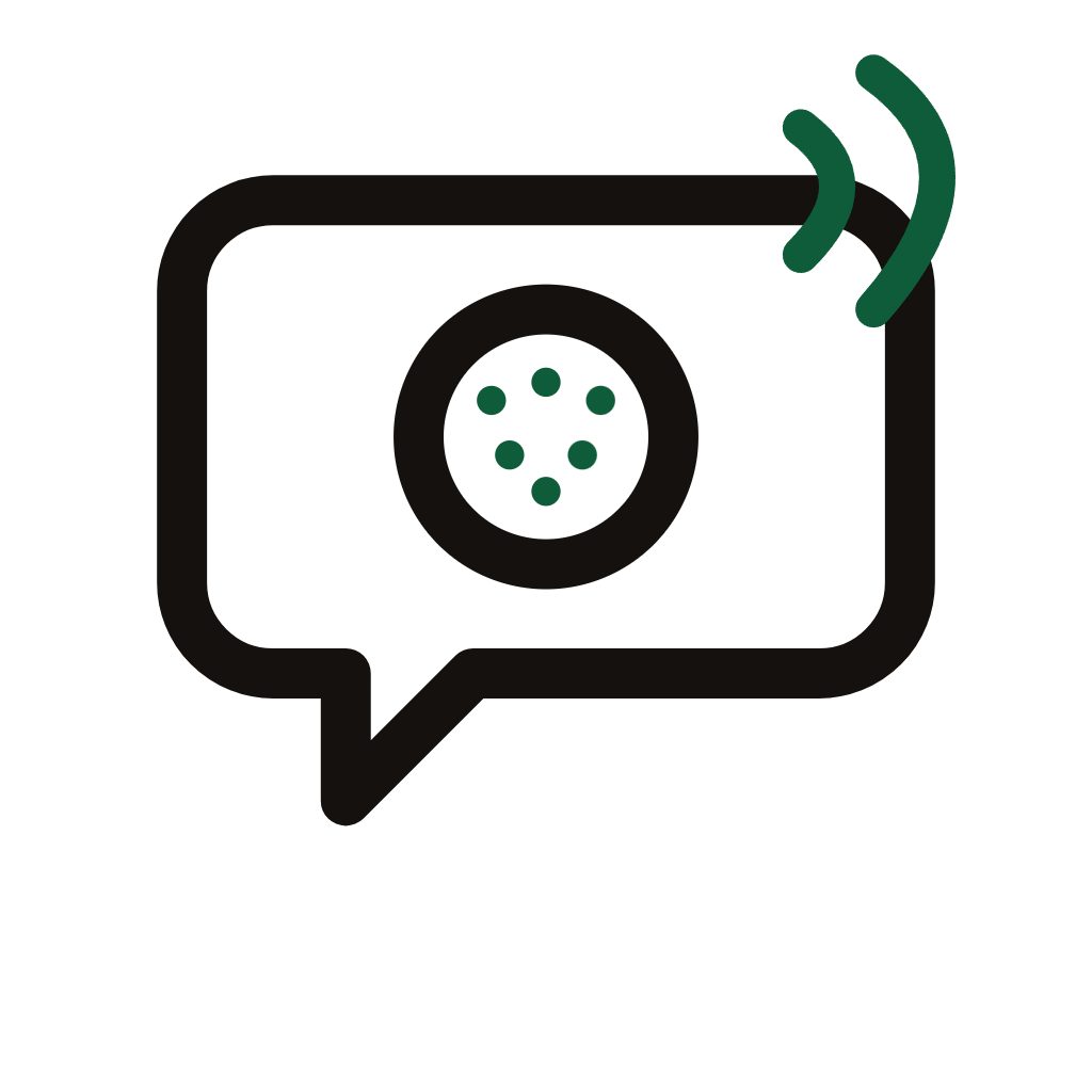 Icon of a chat bubble with a circular pattern and curved lines indicating sound waves.