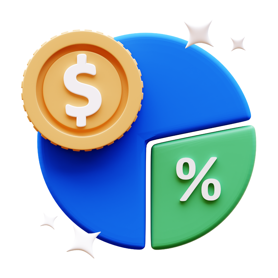 Pie chart with two slices, highlighting revenue growth with coin icon and percentage representation, illustrating financial analysis, profit distribution, and business performance insights.