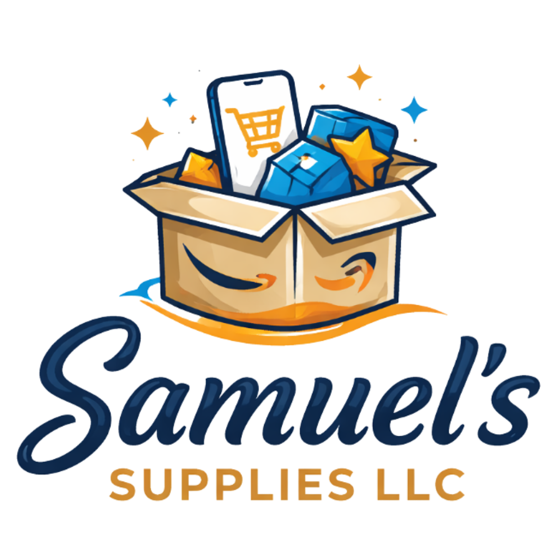 Logo of Samuel's Supplies LLC featuring an open delivery box with products, a smartphone with a shopping cart icon, and star accents, symbolizing reliable online retail and quality product delivery.