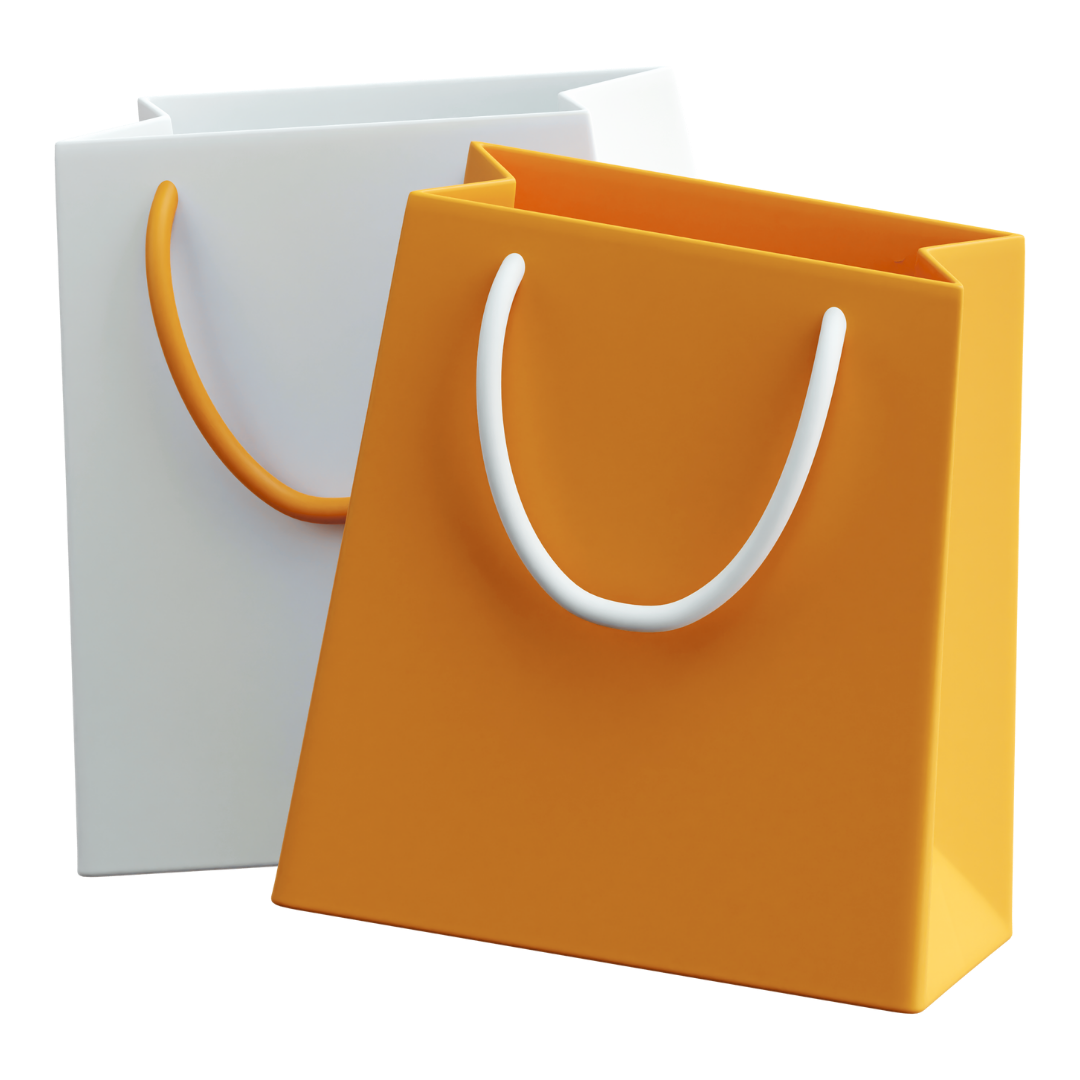 White and orange shopping bag for retail and brand promotions, stylish and reusable, perfect for packaging, marketing, and elevating customer experience.
