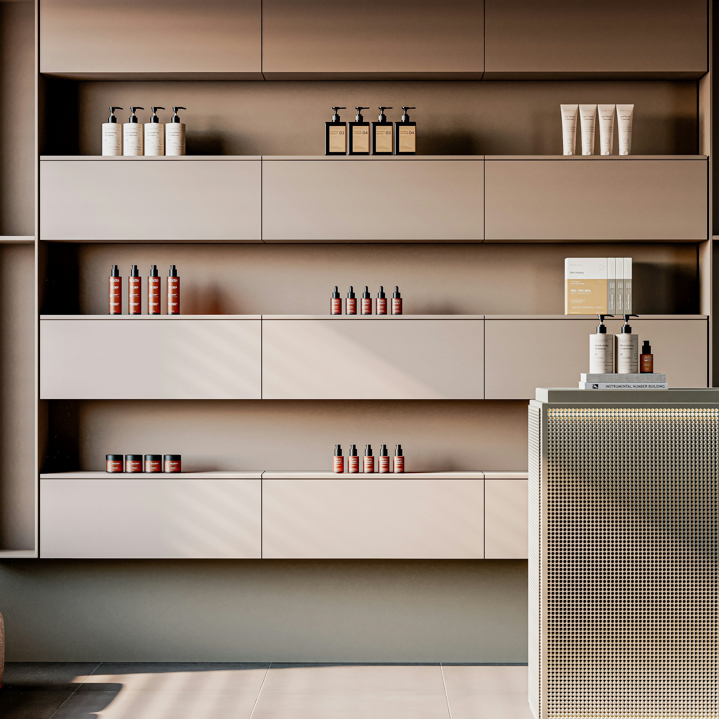 Empty beige shelves with various skincare and cosmetic products arranged neatly inside a modern store or pharmacy.